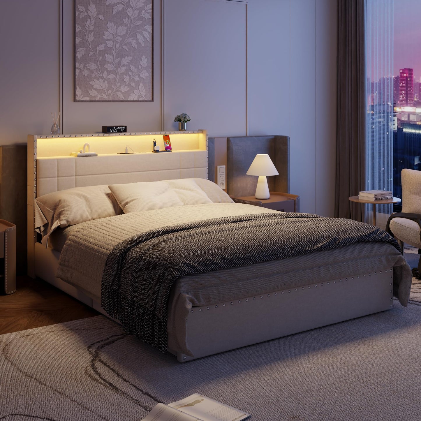 Forestell Queen Bed Frame with 4 Drawers and Storage Headboard, Upholstered Platform Bed Frame Queen Size with LED Lights and Charging Station, Metal Slats Support, No Box Spring Needed, Beige