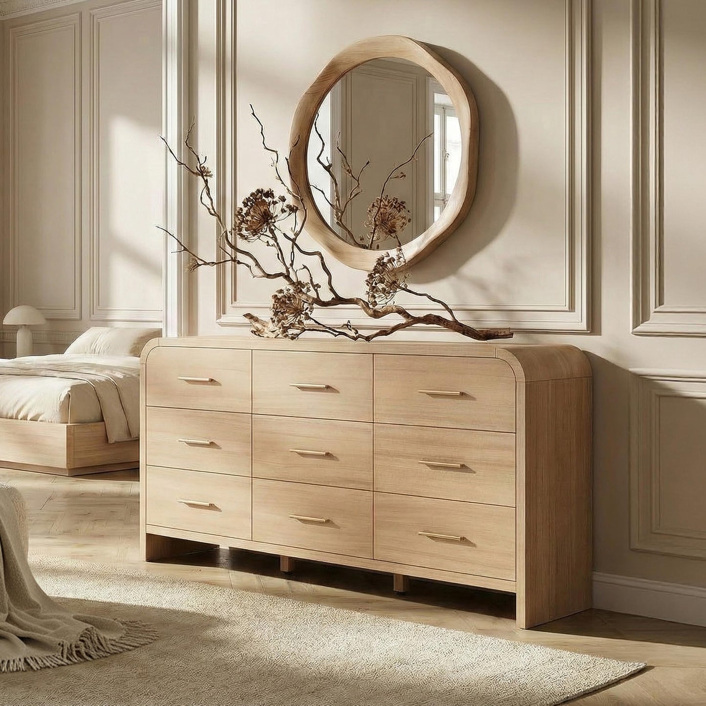 EliteSet Curved 9-Drawer Dresser for Bedroom, 63" Wide Modern Chest of Drawers, Vanity Desk TV Stand for Living Room, Closet Storage Drawers Organizer Furniture, Nursery, Hallway, Grey Oak