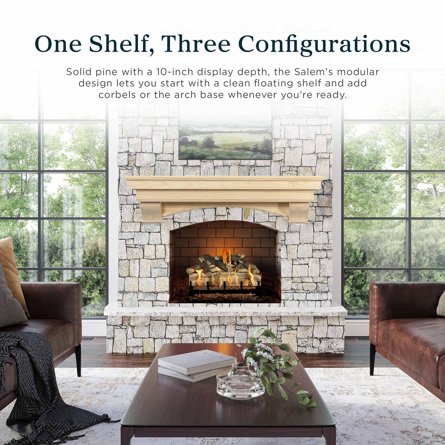 MANTELSDIRECT Salem Wood Mantel Shelf with Arched Corbels - Unfinished 60 Inch | Wooden Rustic Wall Mounted Shelf from Pine Wood - Perfect for Fireplaces, TVs & Décor