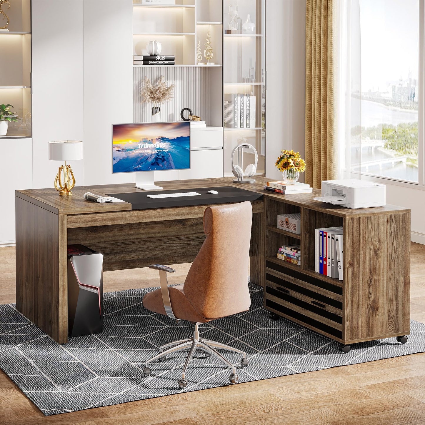 Tribesigns 62.2" Executive Desk with Mobile File Cabinet, L-Shaped Office Desk with Storage Shelves, Large Computer Desk Business Workstation Set for Home Office, Light Brown