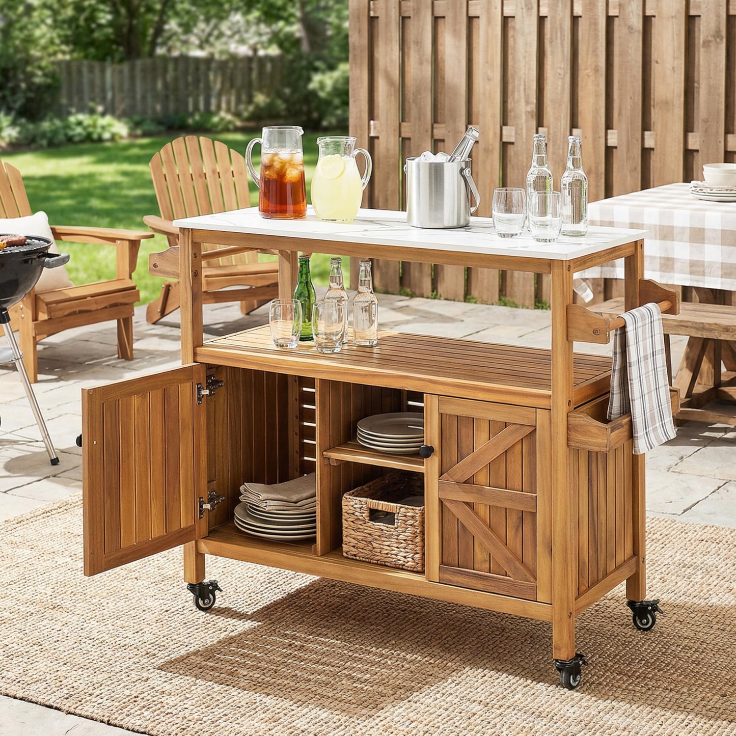 Merax Outdoor Patio Acacia Wood Bar Cart, Natural Finish with Marble-Effect Top, Lockable Wheels & Bottle Holders, Indoor-Outdoor Serving Cart