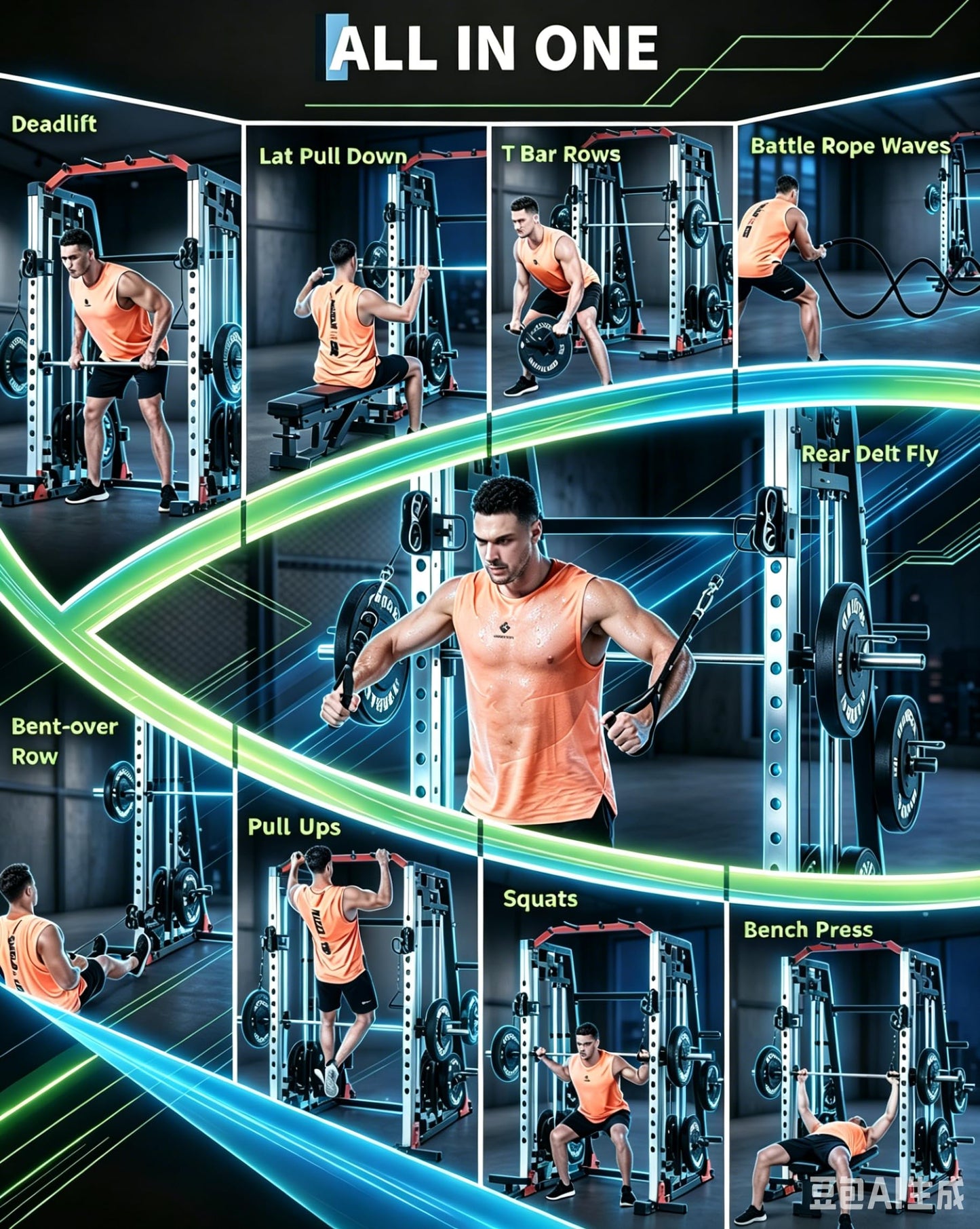 Smith Machine Home Gym, 2200lbs Squat Rack Power Cage with LAT-Pull Down System & Cable Crossover Machine, Multi-Function Training Equipment with Leg Hold-Down Attachment