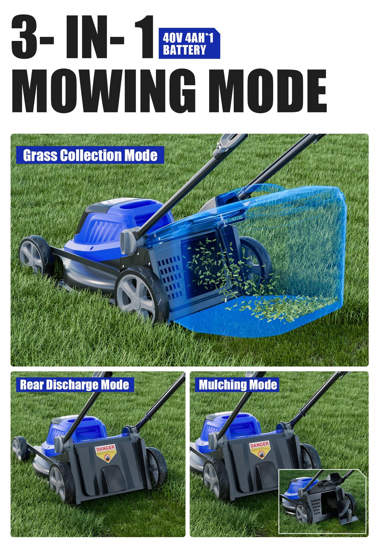 Wild Badger Power 40V 16″ Cordless Lawn Mower Brushless, 5,445 sq ft/0.125 ac,2×4.0Ah Battery & Fast Charger, 5-Position Height,for Small Residential Lawns