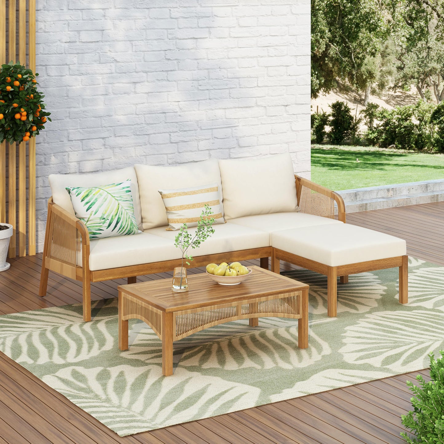 Christopher Knight Home Havets 3 Pieces Acacia Wood Patio Furniture Set, Faux Rattan Sofa and Coffee Table, Outdoor Conversation Sets with 6" Thick Cushions for Backyard Garden Balcony, Teak+Beige