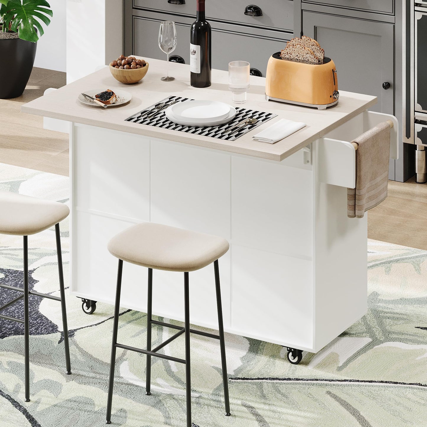 Ball & Cast Kitchen Island with Trash Can Storage Cabinet,Kitchen Cart W/Drop Leaf,Spice Rack,Towel Rack and Drawers,Rolling Kitchen Islands on Wheels W/Adjustable Shelf for Dining Room,White Oak