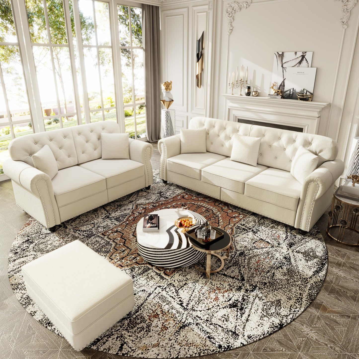 KEIKI 2-Piece Chesterfield Sofa Set with 1 Velvet 3-Seater Sofa & 1 Loveseat Sofa, Upholstered 5-Seater Couch Set with Nailhead Trim & Rolled Arms & 1 Ottoman & 5 Pillow, for Living Room, White
