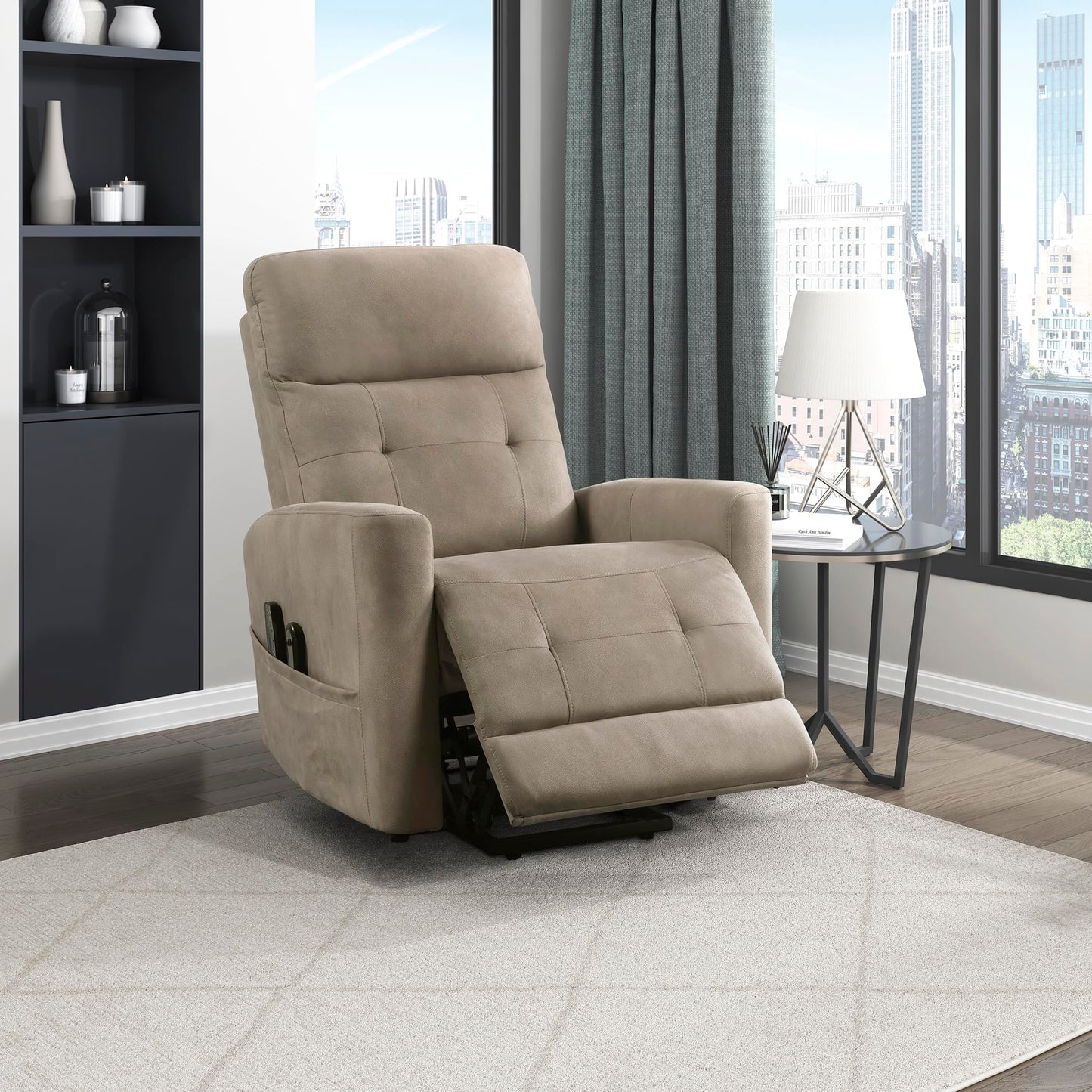 Lexicon Power Lift Recliner with Heat and Massage for Adults Elderly Ergonomic, Textured Microfiber Tufted Lounge Chair Classic Single Sofa Recliner with Side Pockets, Home Theater Seating, Brown
