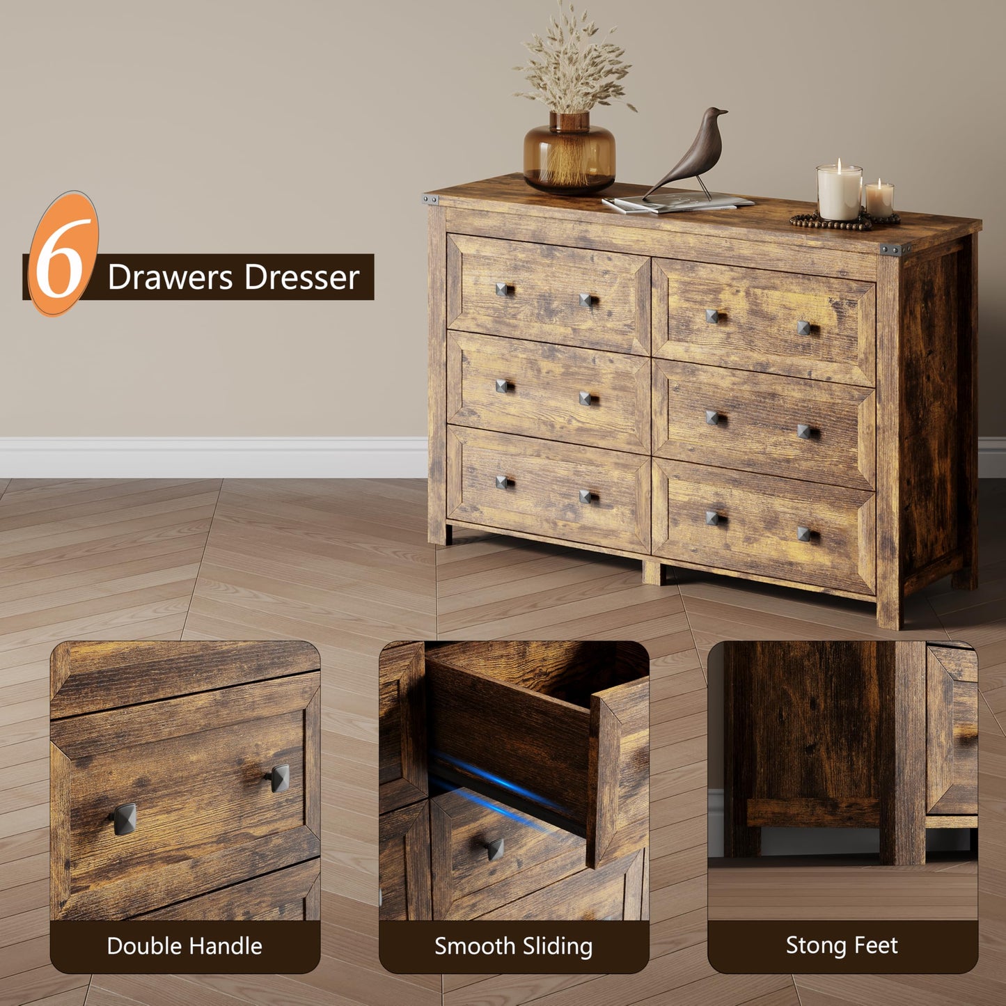 Dresser for Bedroom with 6 Drawers, Farmhouse Wood Chest of Drawers, Wide TV Stand Closet Storage Furniture with Metal Handle, Modern Clothes Organizer for Hallway, Living Room, Entryway, Brown