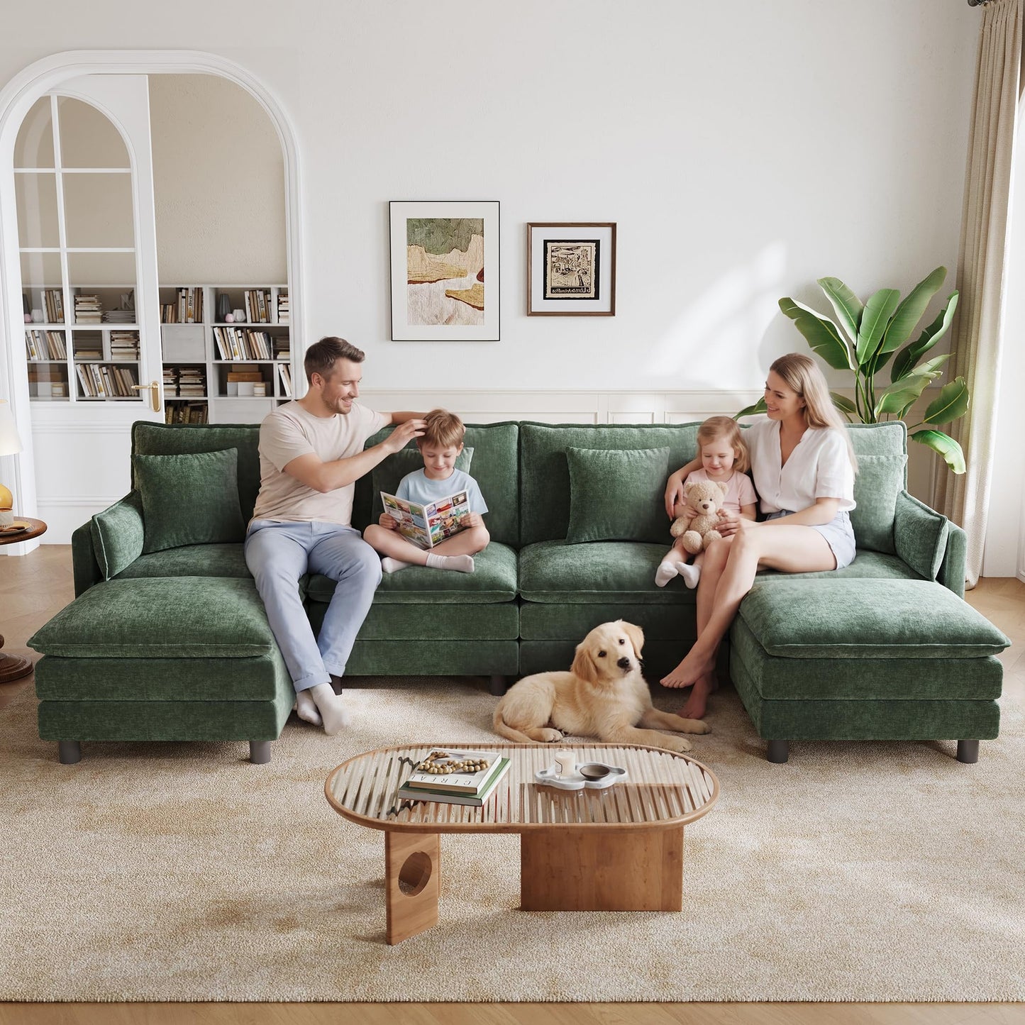 LINSY HOME 129'' Modular Sectional Sofa 4 Seat Couch Chenille Cloud Couch with Deep Seat, U Shaped Couch with 2 Movable Ottoman for Living Room, Office, Bedroom, Green(Pillows Included)