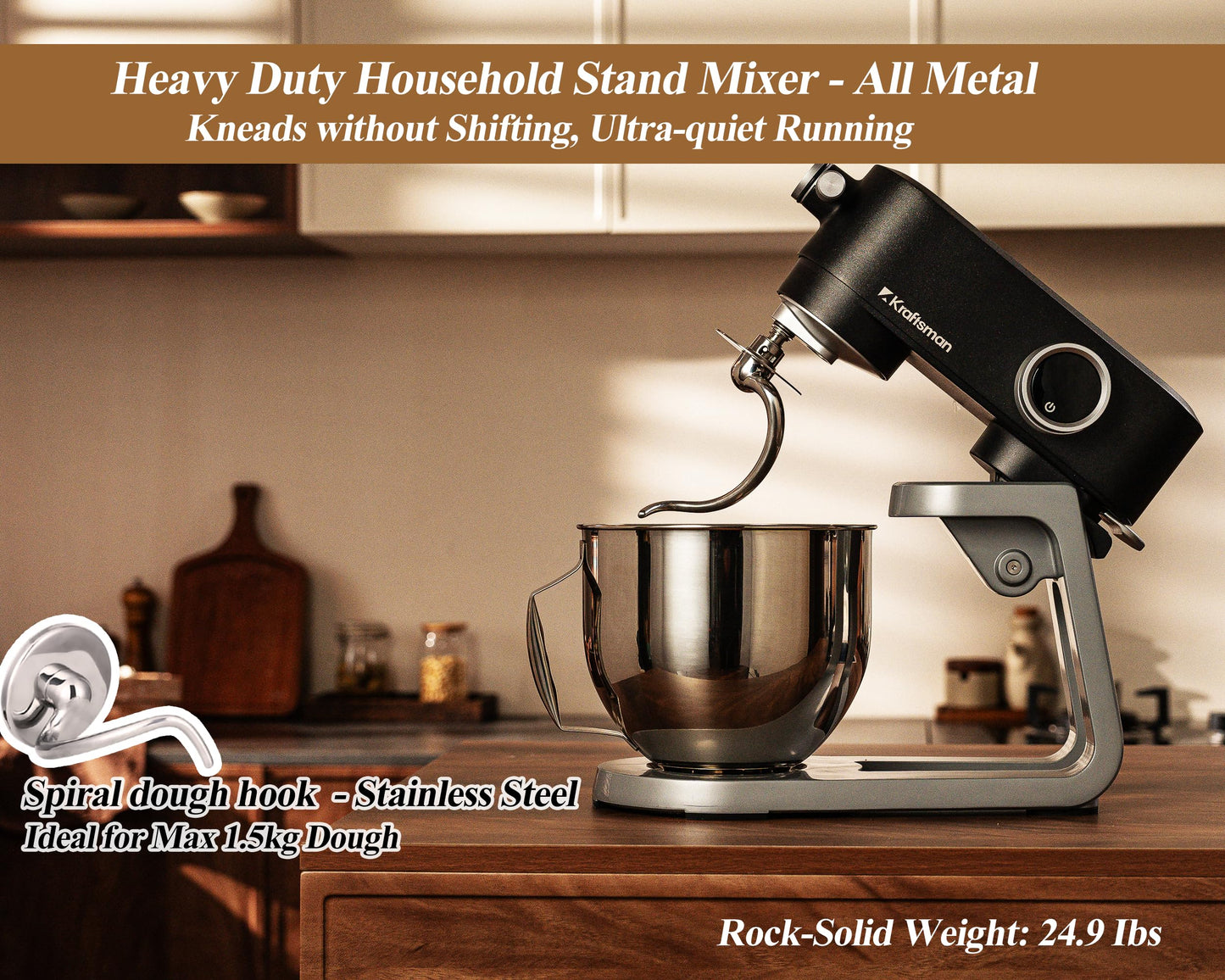Kraftsman All Metal Stand Mixer DC Motor - Heavy Duty Dough Mixer 5.3 Quart with 4 Stainless Steel Attachments, Quiet Operation with Timer, Verstile Standing Mixer with Power Hub, 8-Speed (Black)