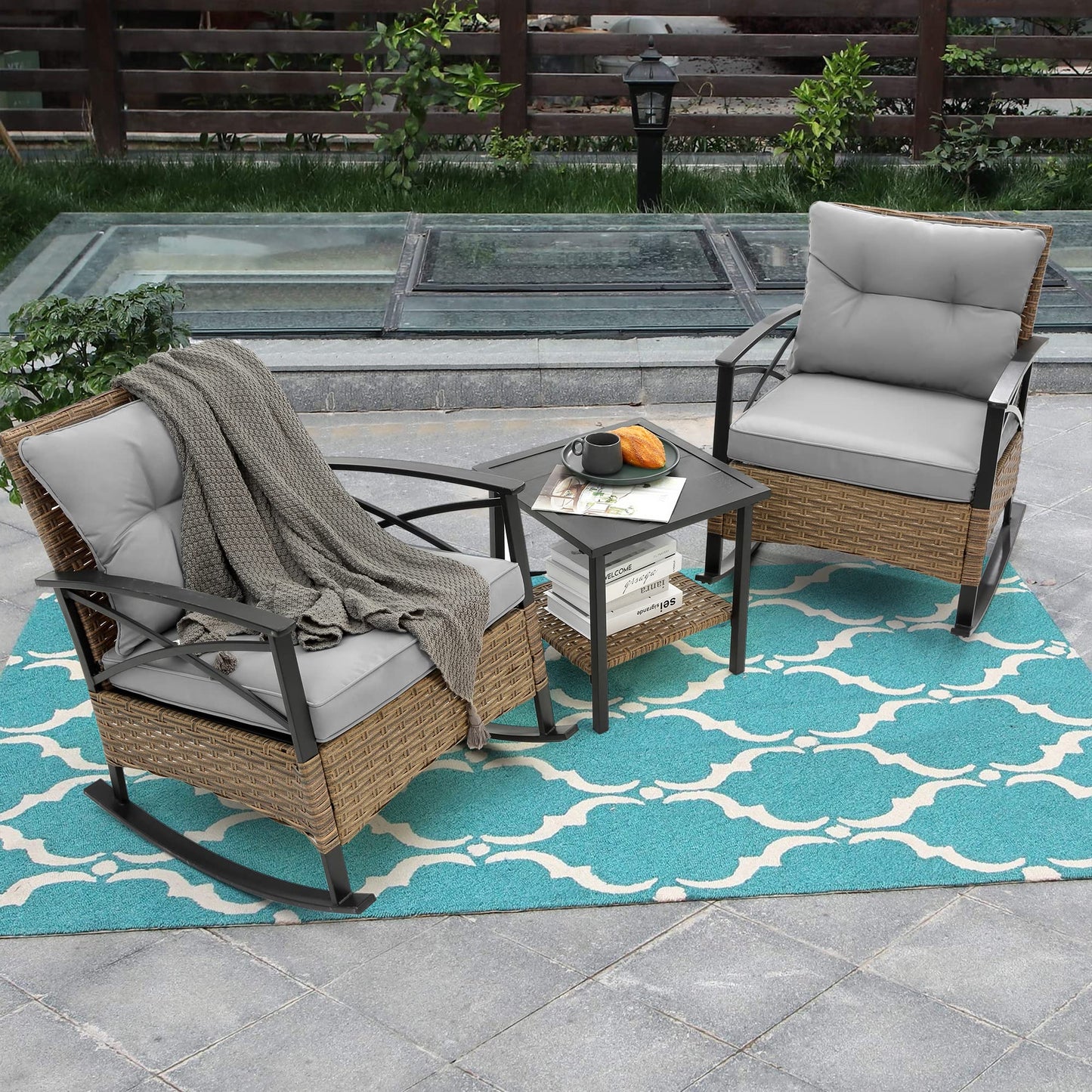GDFStudio 3-Piece Outdoor Rattan Rocking Chair Set, Patio Wicker Rocker Chairs with Cushions & Side Table, Modern Conversation Set for Porch, Balcony, Garden, Backyard, Grey Cushions