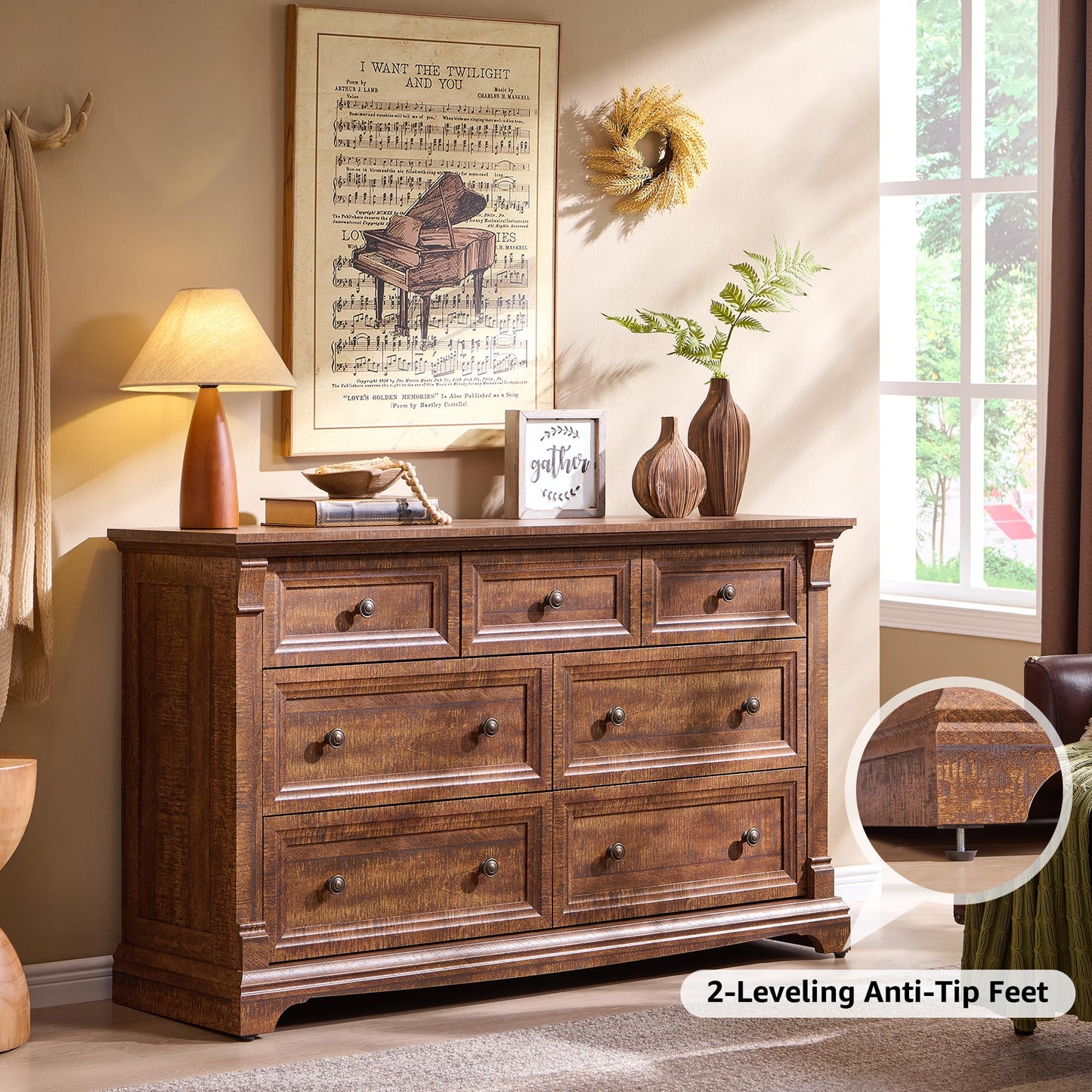 T4TREAM Farmhouse 7 Drawers Dresser for Bedroom, 54" Wide Wood Rustic Chest of Drawers w/Roman Column, Wooden Storage Dressers Organizer for Bedroom, Living Room, Closet, Reclaimed Barnwood