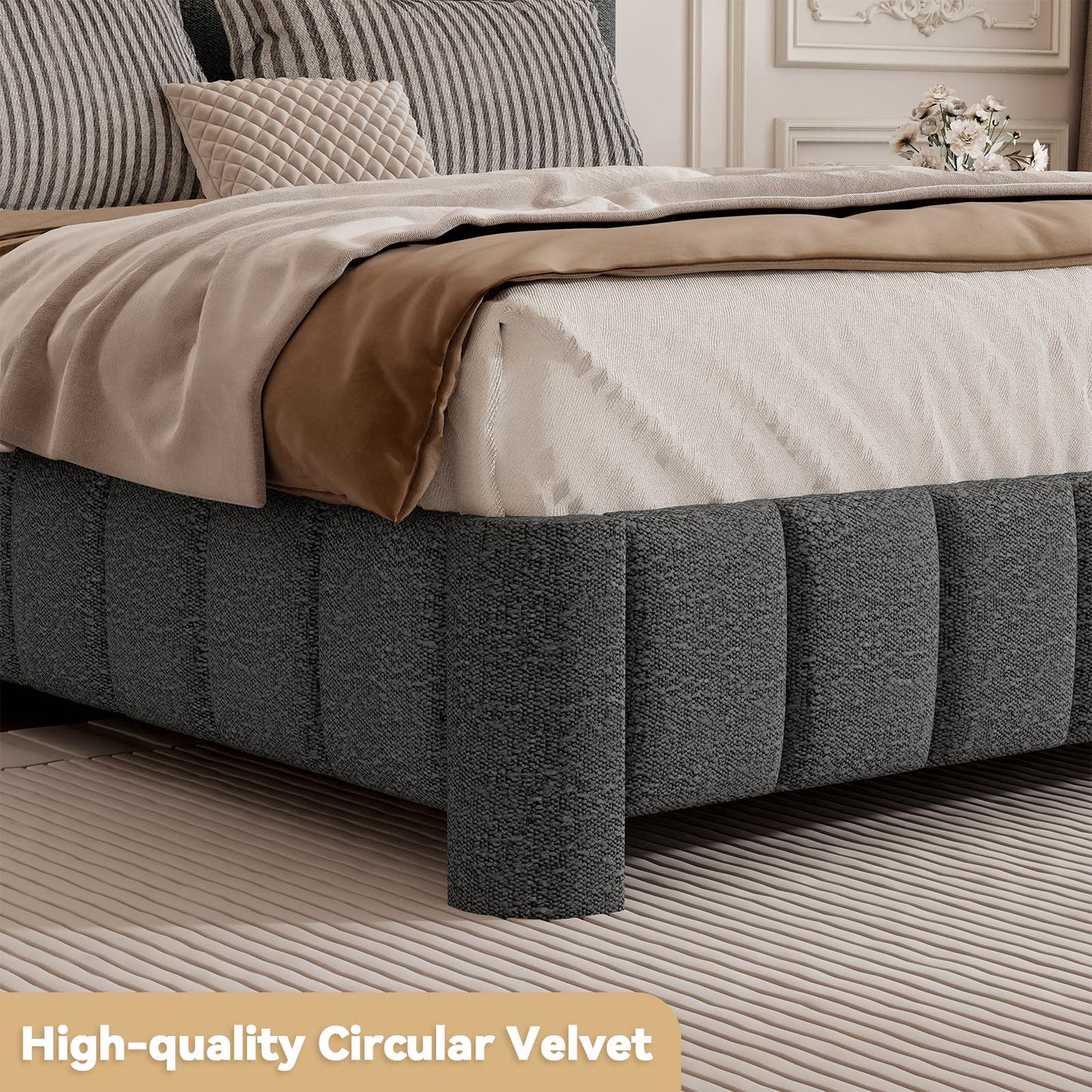 HDDDZSW Queen Bed Frame with Adjustable Headboard, Boucle Queen Size Bed Frame Upholstered Platform Bed Frame, Solid Wood Slats Support Grey Bed Frame for Bedroom, No Box Spring Needed