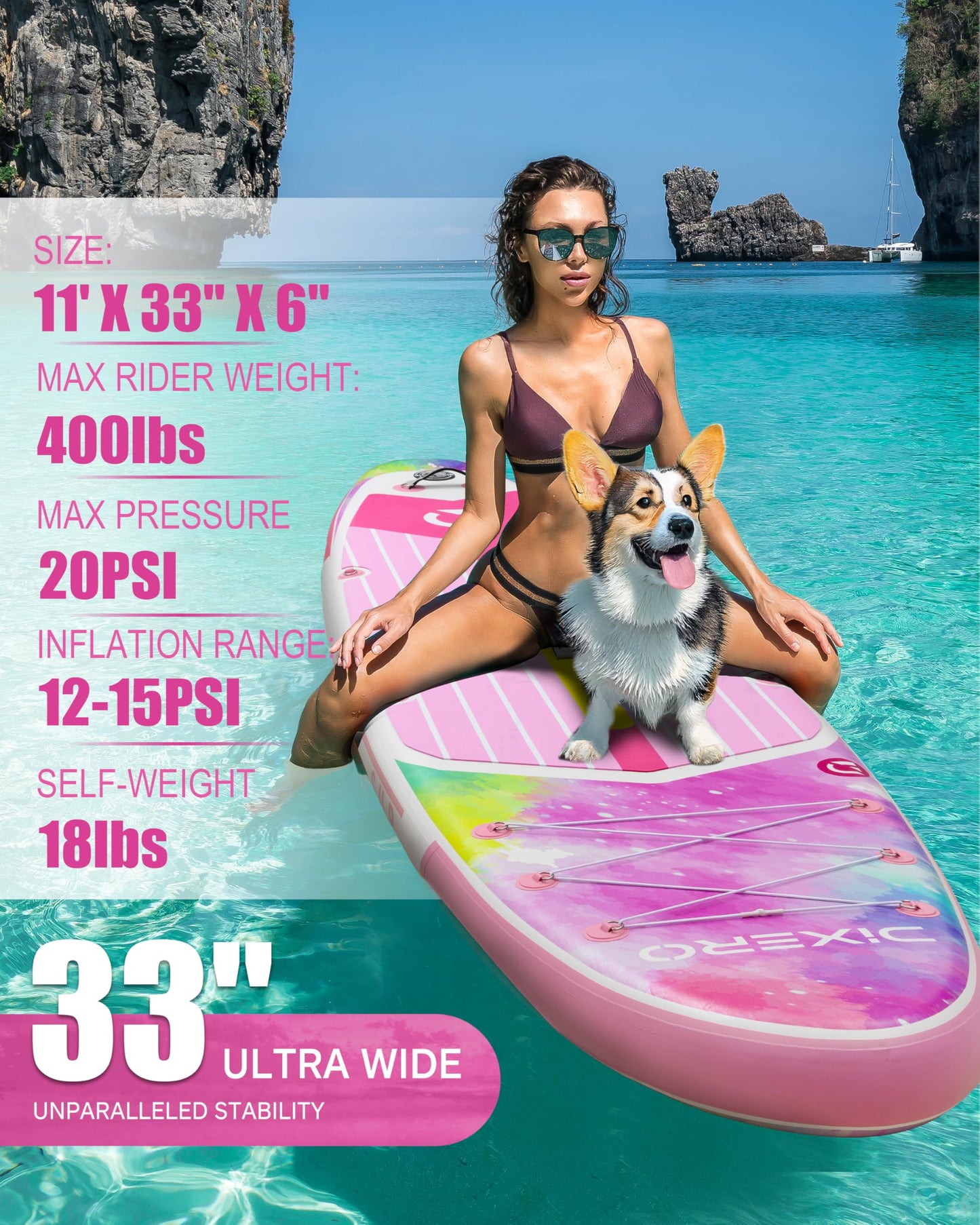 Dixero Inflatable Stand Up Paddle Board 11'*33",Wide Stable Design, Adjustable Paddle, 3 Fins, Non-Slip EVA Deck for Adults & Youth of All Skill Levels