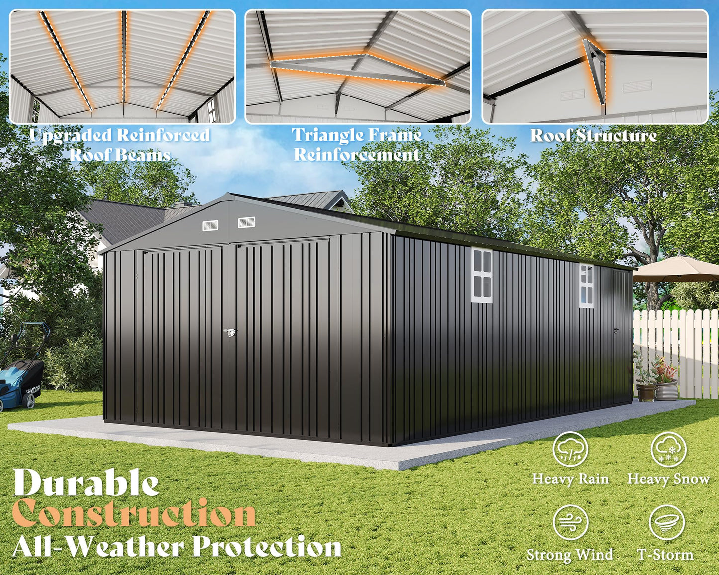 AMERLIFE 13x21x8 FT Metal Garage Shed, Extra Large Outdoor Storage Shed with Double Hinged Doors, 4 Windows, Heavy Duty Carport for Cars, Boats, Trucks and Equipment Storage, Dark Gray