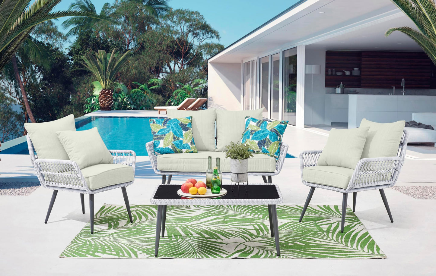 Manhattan Comfort Portofino 4-Piece Patio Conversation Set, Rope Wicker Design with Waterproof Cushions | Outdoor Furniture Includes 2 Armchairs, Loveseat & Coffee Table with Tempered Glass Top, Cream