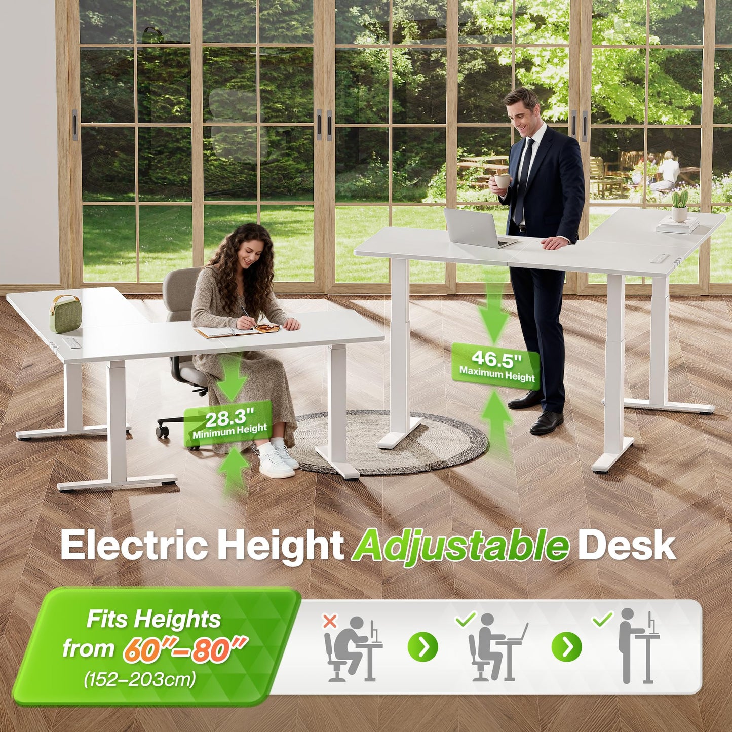 Huuger L Shaped Standing Desk with Power Outlets, 63 x 55 Inch Height Adjustable Computer Desk for Bedroom, Corner Stand up Desk for Home and Office, Work and Study, White