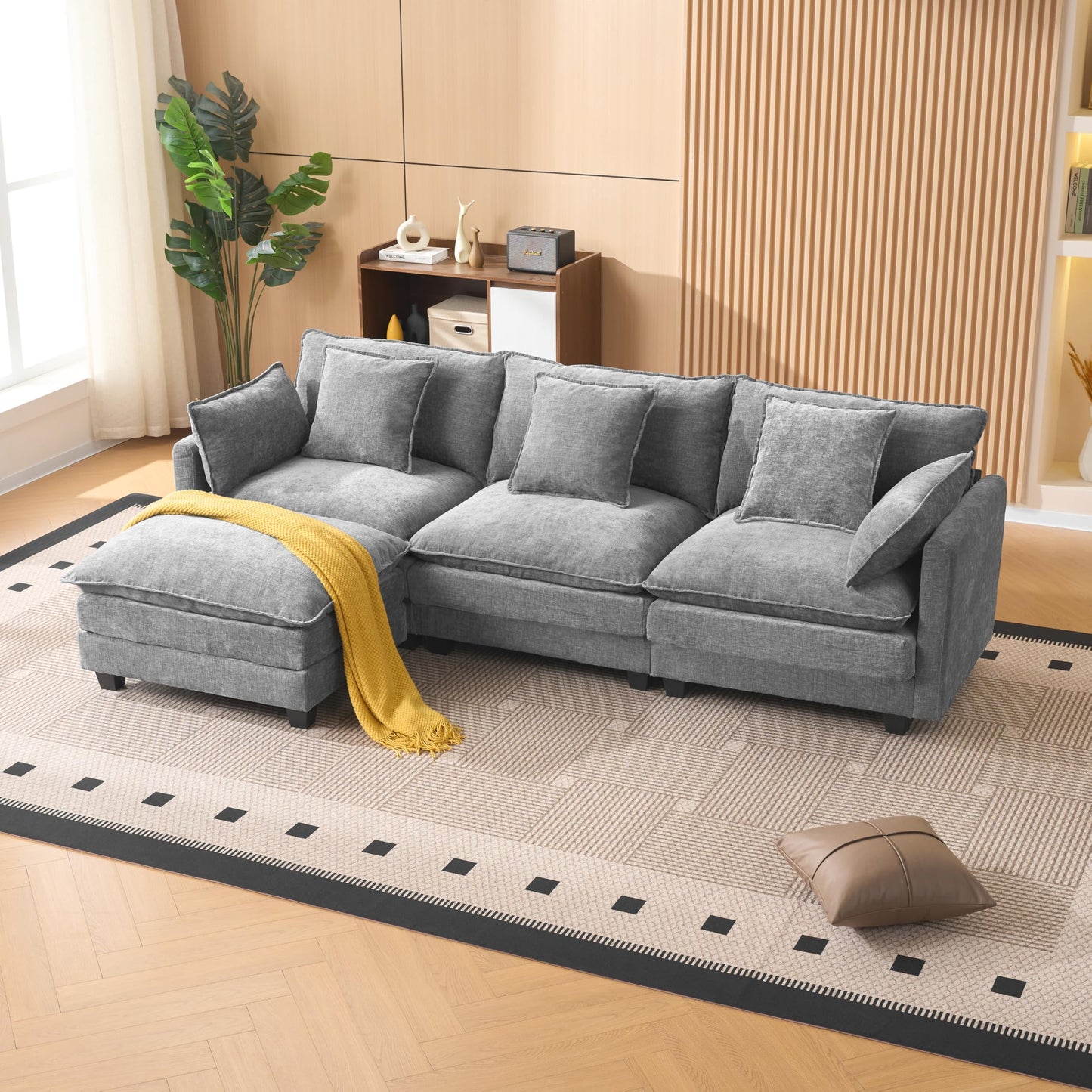 KEIKI 102" Modular Sectional Sofa with Storage Ottoman, L Shaped Convertible Couch with Movable Chaise Lounge, Linen Fabric Oversized Comfy 3 Seat Sleeper Sofa for Living Room Apartment Bedroom, Gray