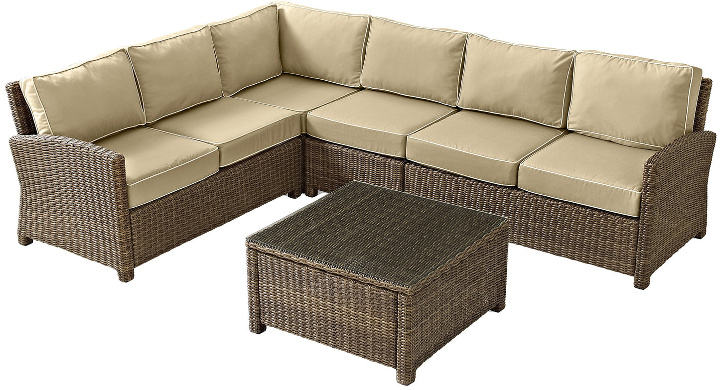 Crosley Furniture Bradenton 5-Piece Outdoor Sectional Sofa Wicker Conversation Patio Furniture Set for Deck, Brown with Sand Cushions