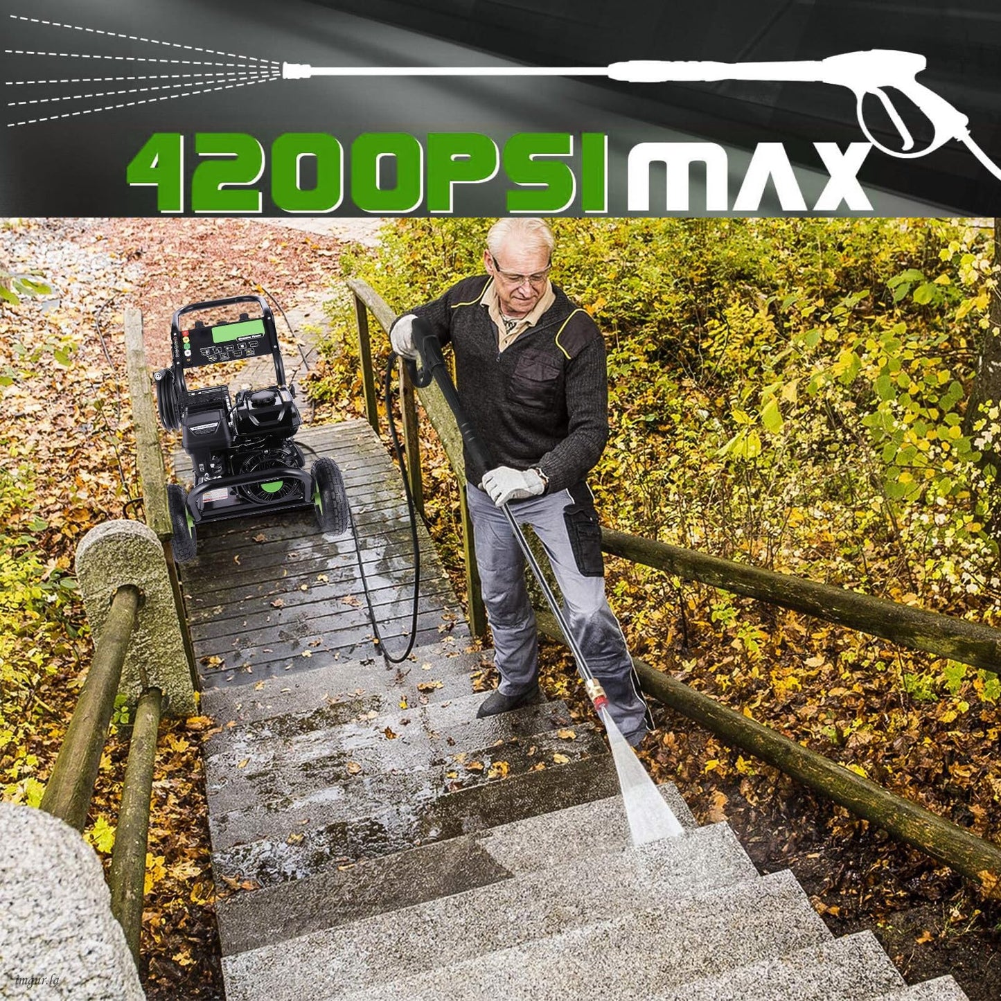 Professional 4200PSI 4GPM Gas Pressure Washer, Commercial Gas Power Washer with Foam Bottle 9" Wheels 5 Nozzles 25FT Hose for Home Car Fence Driveway Yard (EPA/CARB/ETL Compliant), Green