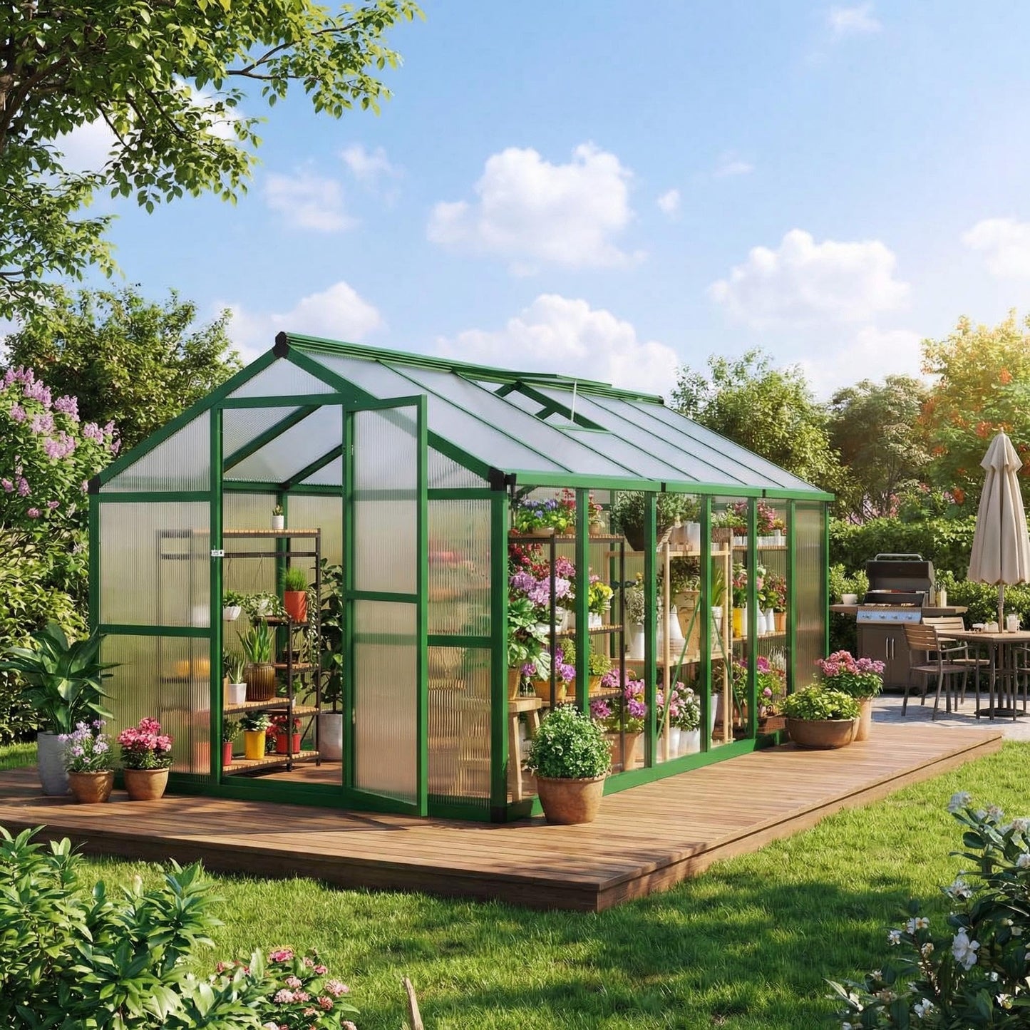 8x12 ft Greenhouse, Polycarbonate Walk-in Greenhouse for Outside with Roof Vent & Lockable Outward-Opening Swing Door, Heavy-Duty Aluminum Green House for Garden, Backyard, Patio, Lawn, Green