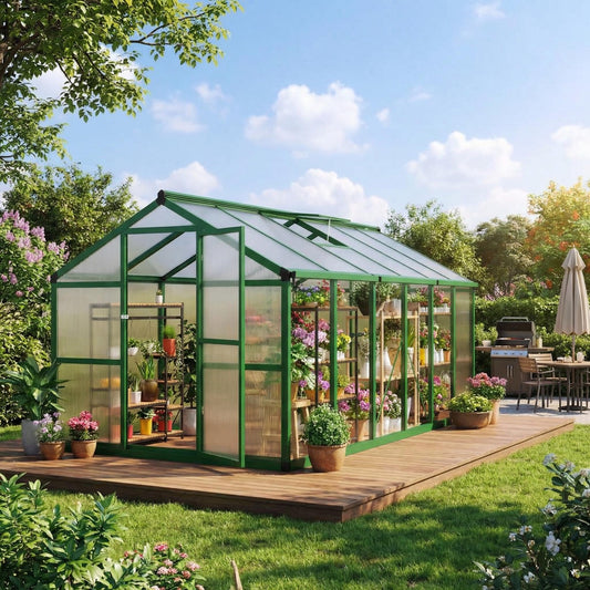 8x12 ft Greenhouse, Polycarbonate Walk-in Greenhouse for Outside with Roof Vent & Lockable Outward-Opening Swing Door, Heavy-Duty Aluminum Green House for Garden, Backyard, Patio, Lawn, Green