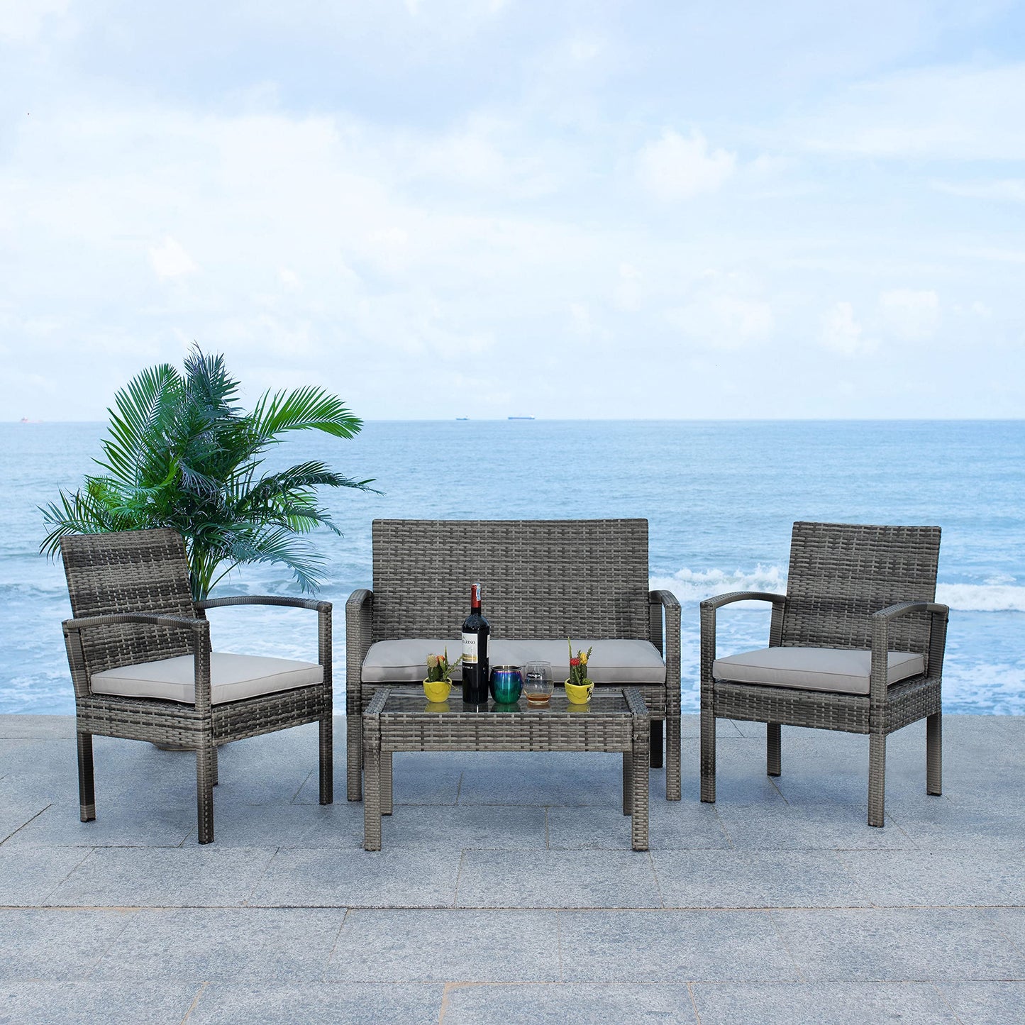SAFAVIEH Outdoor - Bassey 4-Piece Conversation Set - Grey & Grey - Steel Frame with Cushion - Tropical Resort Woven Design with Glass Top Table - Ideal for Patio, Deck, Porch, Backyard (PAT7507B)