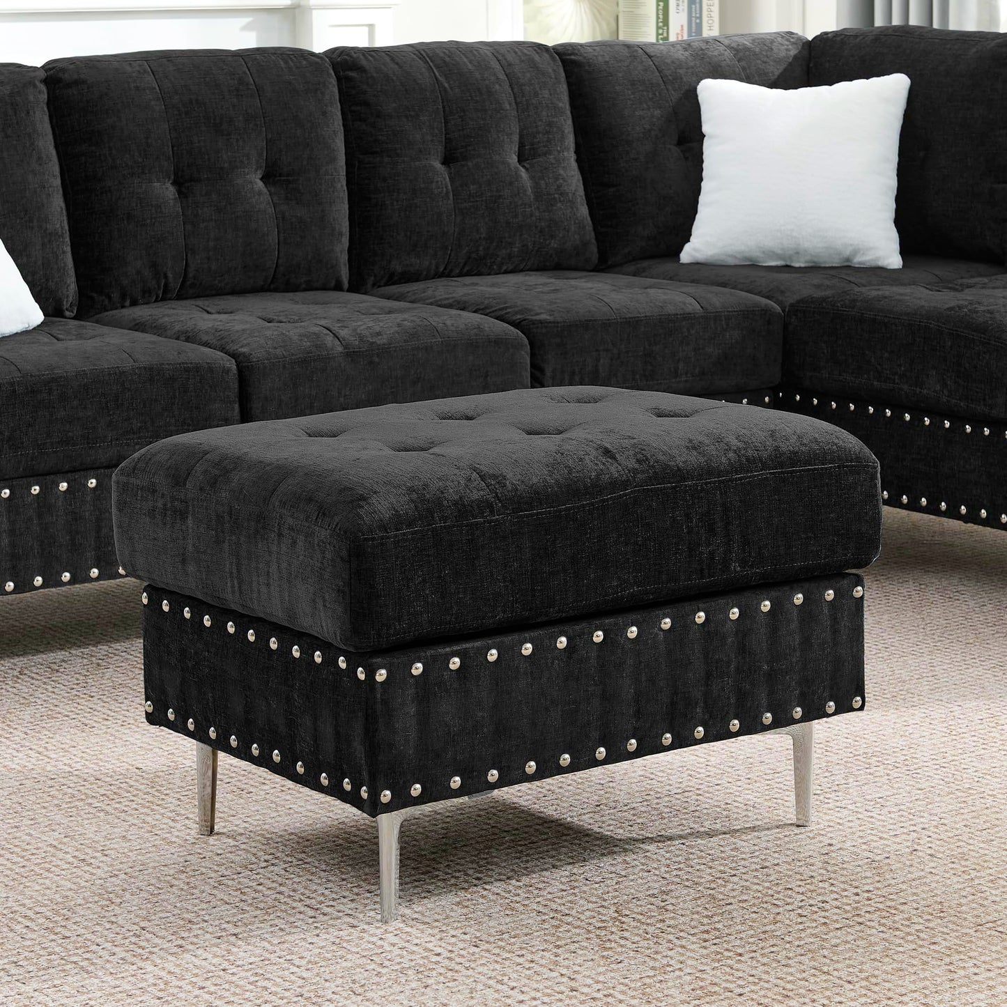 ERYE 102-Inch L-Shaped Corner Sectional Sofa Chenille Upholstered Tufted Corner Sofa Couch with Storage Ottoman and Nailhead Decor,Modern L-Shaped Convertible Couches