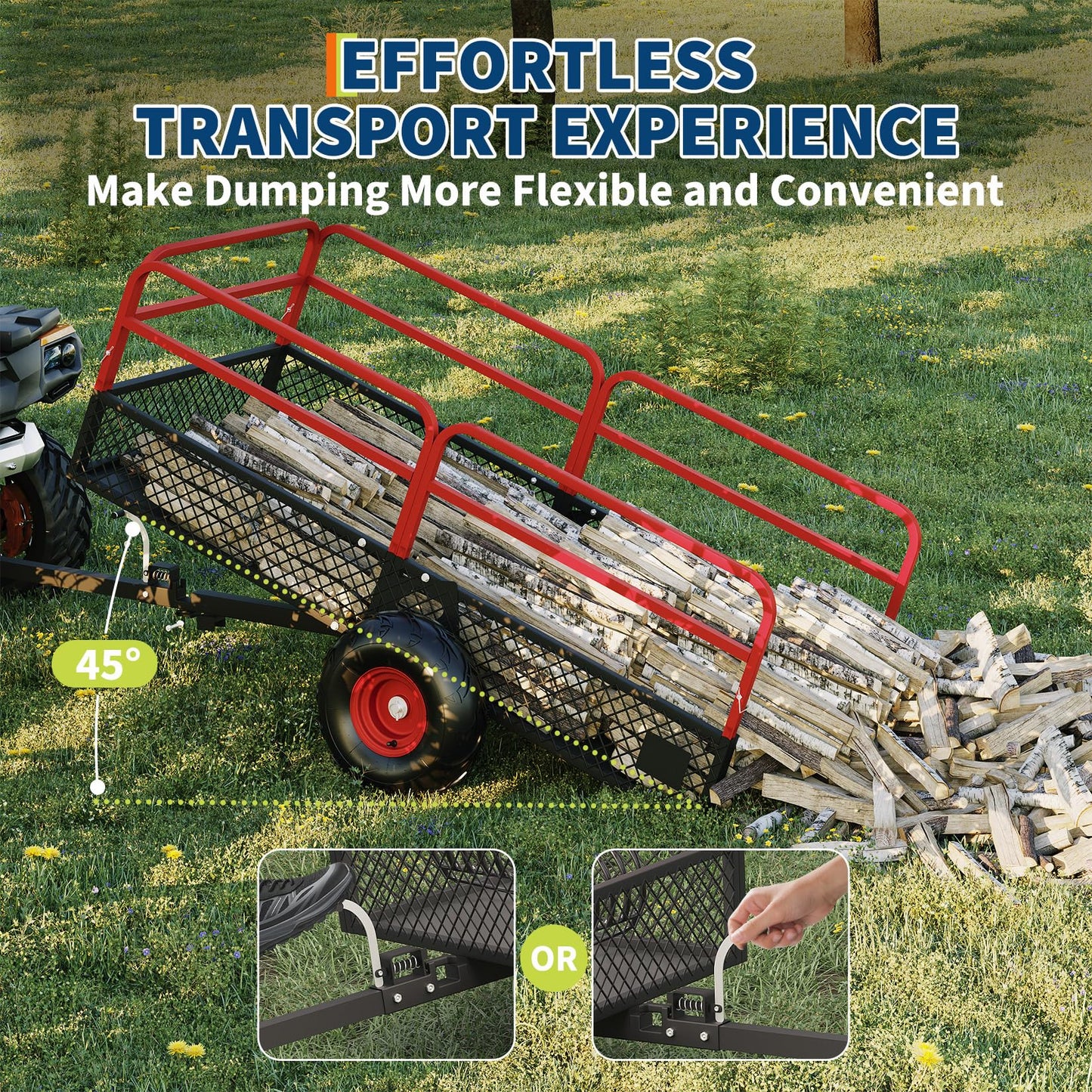 PeakPursuit Tow Behind Steel Dump Cart, Heavy Duty Yard Garden Trailer with Removable Sides & All Terrain Tires, Fits Lawn Mower, Tractor, Garden Cart, 1600 lbs 22 Cubic Feet, Red