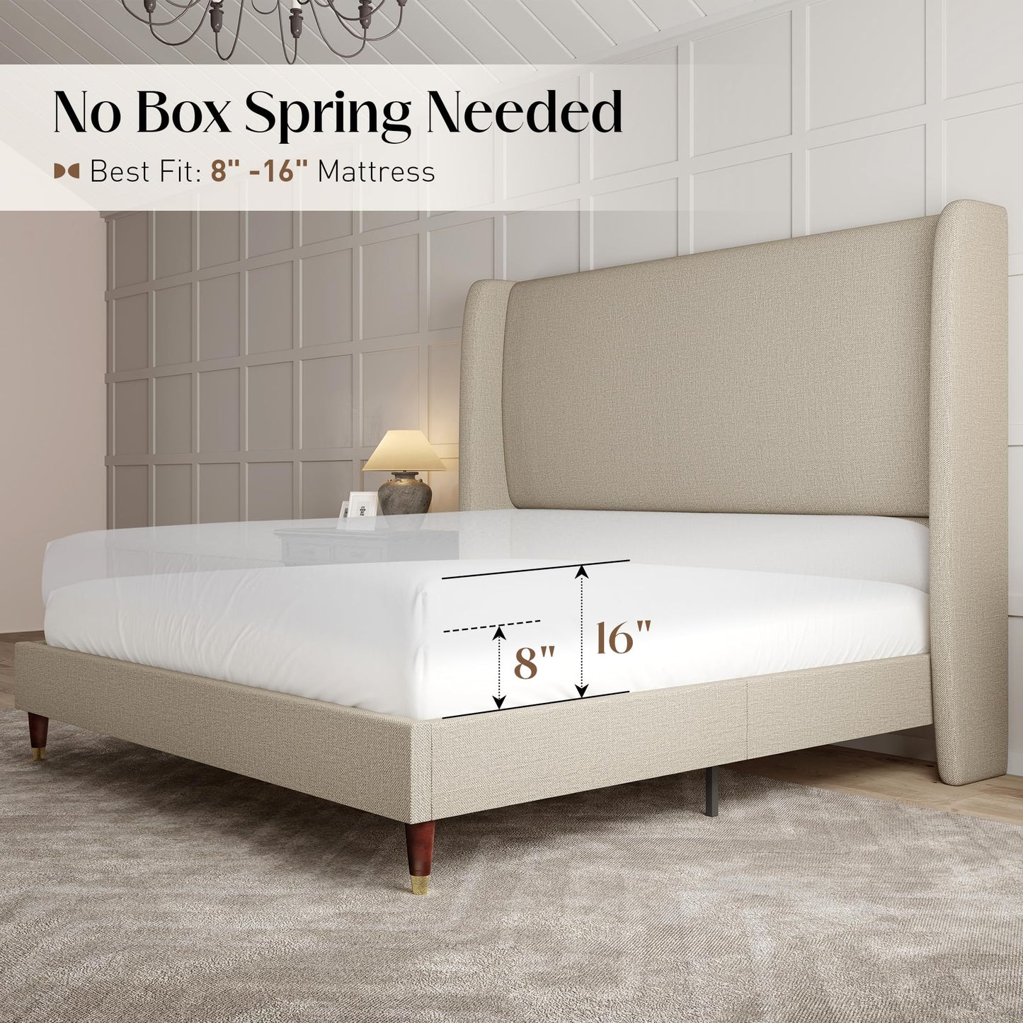 PaPaJet Queen Bed Frame with 51.2" Tall Wingback Headboard,Line Upholstered Platform Bed,Solid Wood Legs,No Box Spring Needed,Noise-Free&Easy Assembly,for Couples, Guest Room, Apartment,Light Khaki