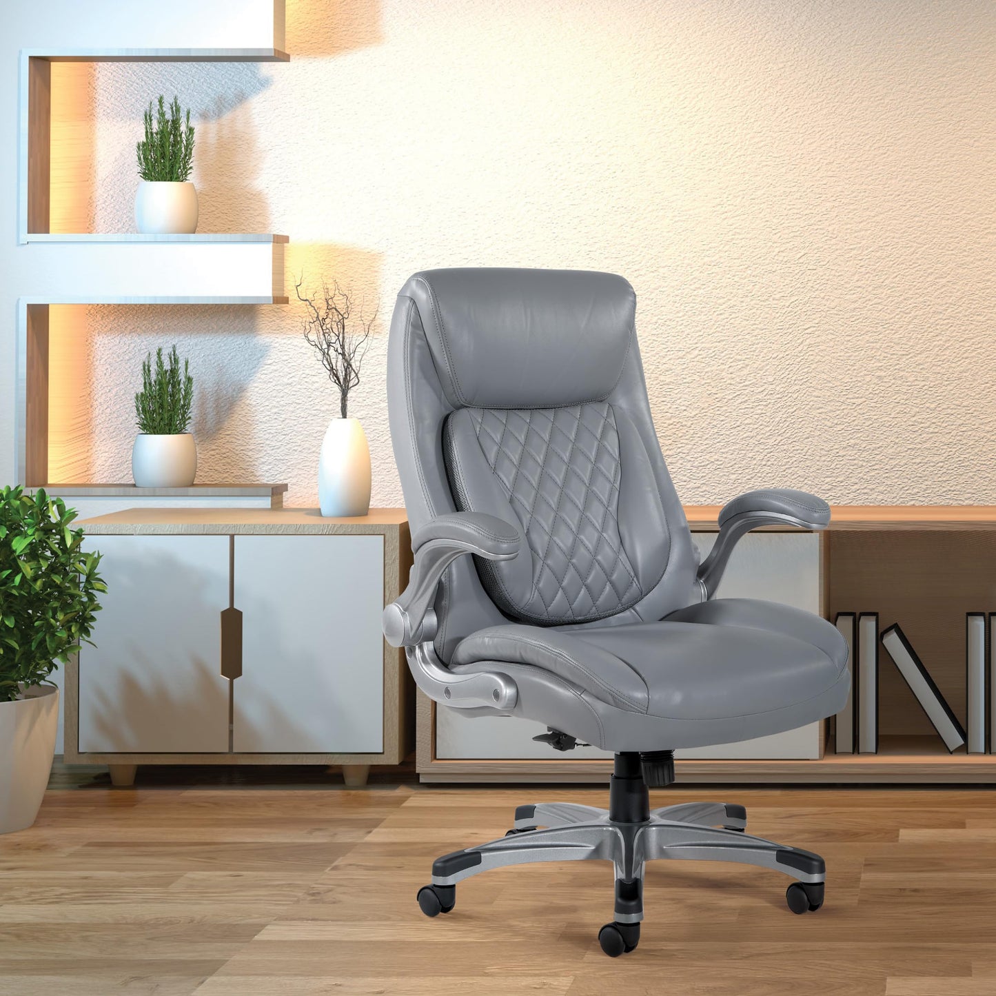 Office Star Executive Adjustable Bonded Leather Office Chair with Flip Arms, Grey