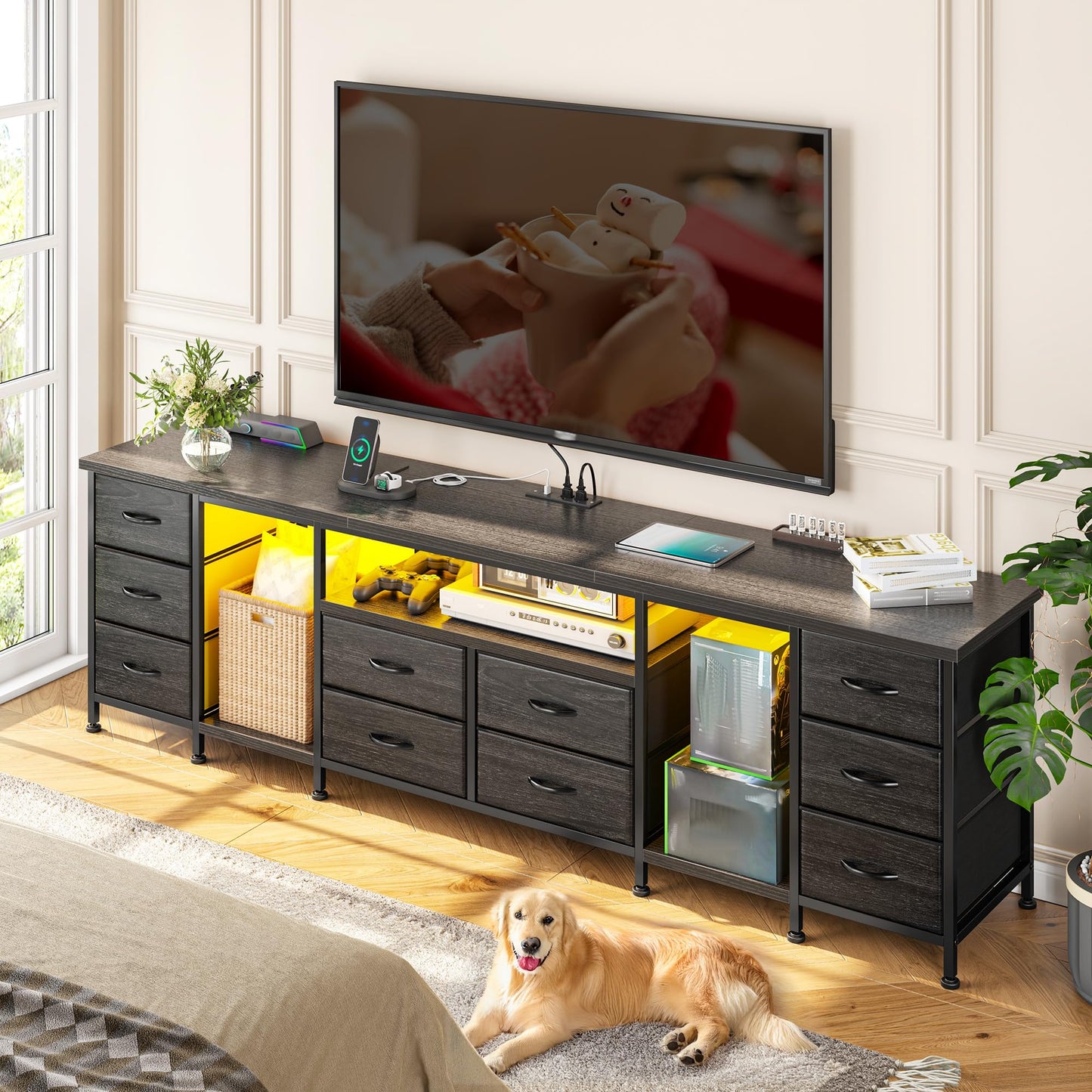 75.5" Long TV Stand for 85/80/75 Inch TVs LED Entertainment Center with Power Outlets & 10 Storage Drawers, Television Stands with 2 Wood Shelves for Living Room Gaming Room Sturdy Metal Frame, Black