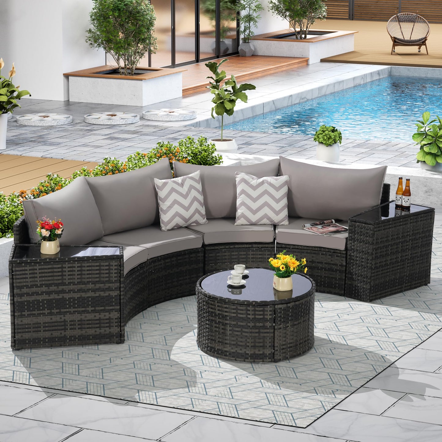 KEIKI Outdoor Patio Furniture 7-Piece Half-Moon Curved Sectional Sofa Set, All-Weather Wicker Patio Conversation Set with Round Coffee Table and 2 Storage Armrests for Poolside Backyard, Light Gray