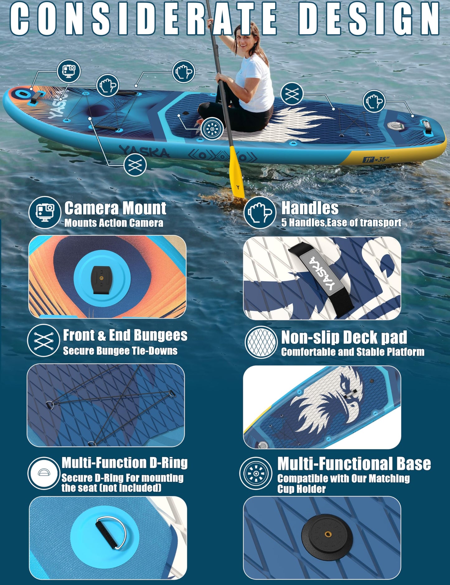 YASKA Inflatable Stand up Paddle Board 11ft with Premium SUP Accessories,Extra Wide Design Non-Slip Paddleboard for Beginner Adults Advenor Yoga Fishing