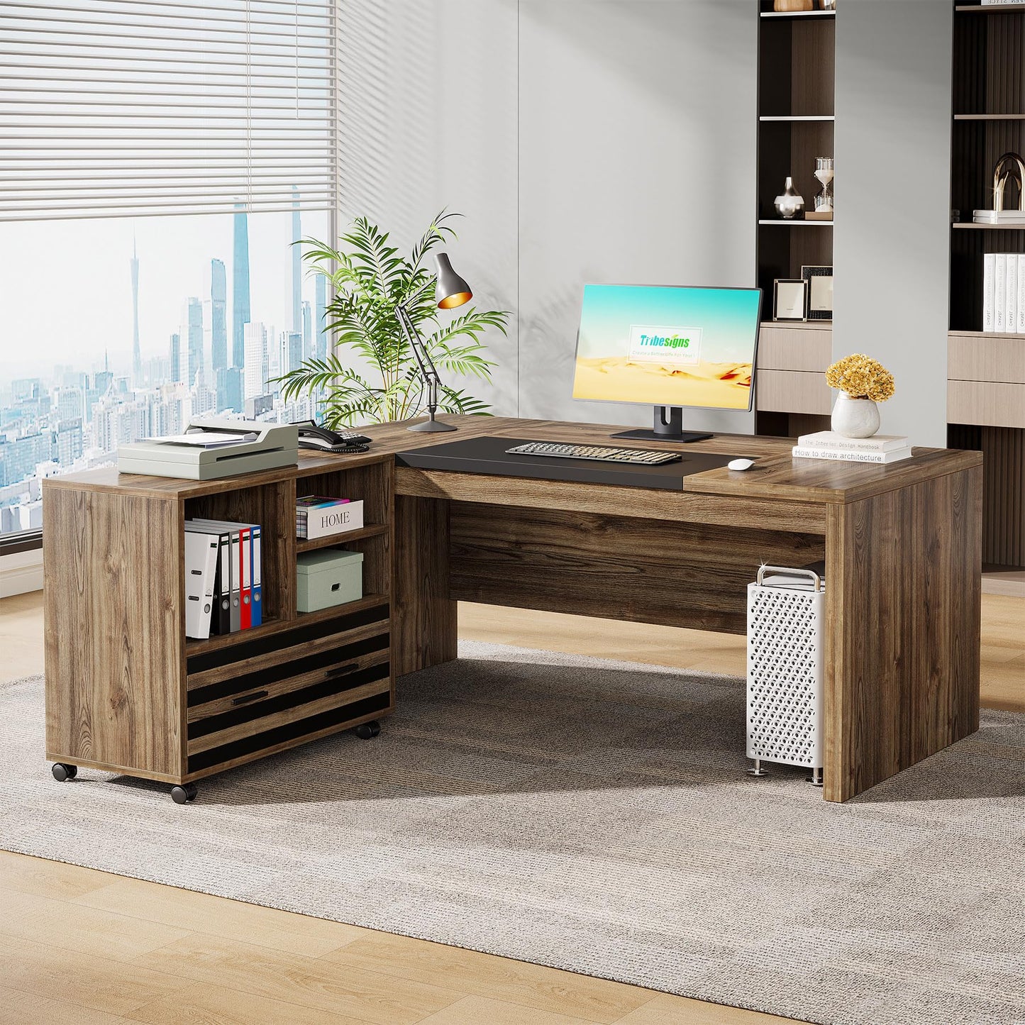 Tribesigns 62.2" Executive Desk with Mobile File Cabinet, L-Shaped Office Desk with Storage Shelves, Large Computer Desk Business Workstation Set for Home Office, Light Brown