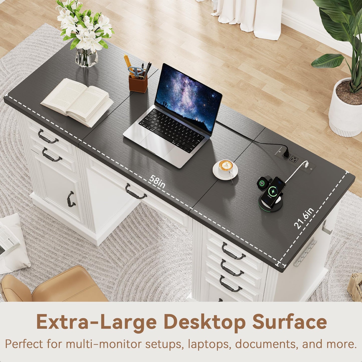 Jocoevol 57" Lift Executive Desk with Drawers, Farmhouse Home Office Desk with File Cabinet Storage, Computer Desk with Charging Station & Headphone Hook for Work/Study/Writing (White & Black, Lift)