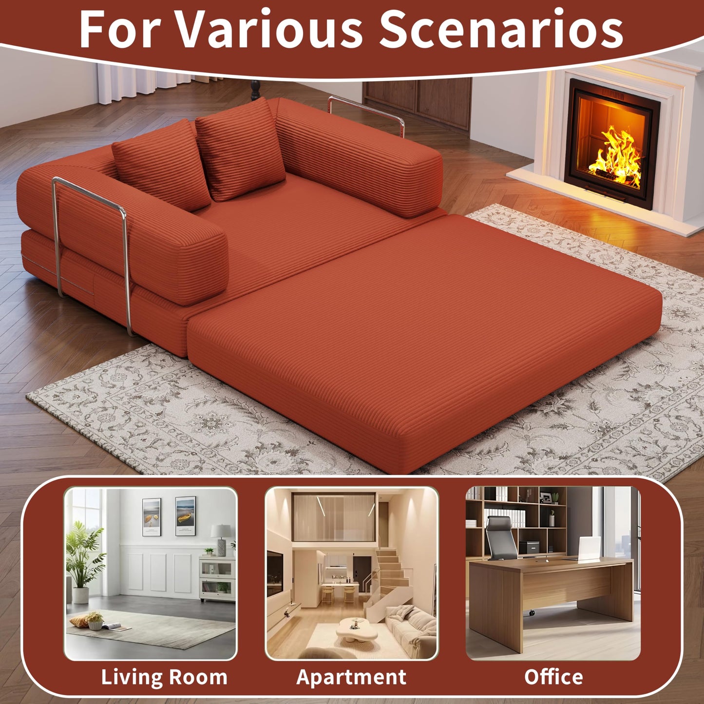 Convertible Futon Sofa Bed, 2 Seater Corduroy Floor Queen Size Bed Foldable Sleeper Lounge Boneless Loveseat Couch with 2 Throw Pillows for Living Room Bedroom Guest Room(Orange, 53.15"Double Sofa)