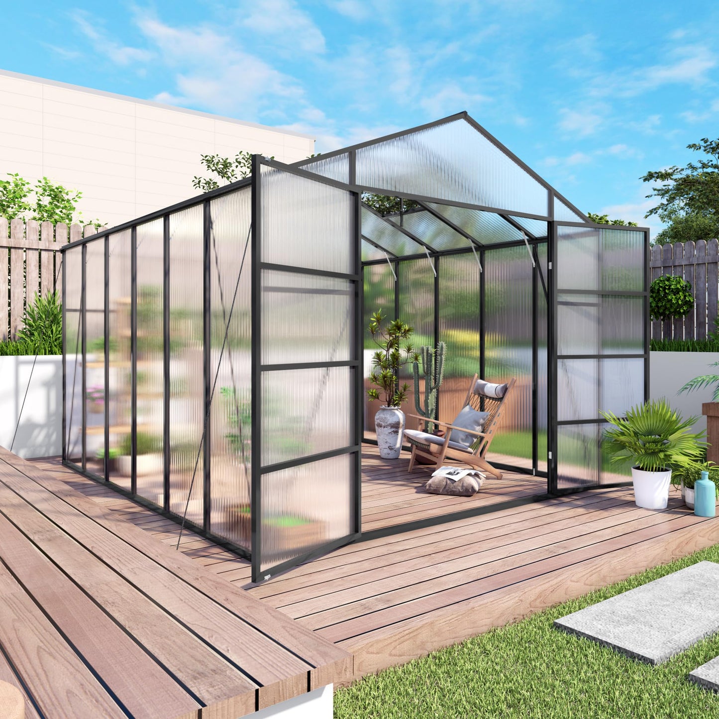 KEIKI 10x12 FT Polycarbonate Greenhouse for Outdoors, Heavy-Duty Aluminum Walk-in Greenhouse with Raised Base, Roof Vent & Drainage System, All-Season Garden Greenhouse, Black