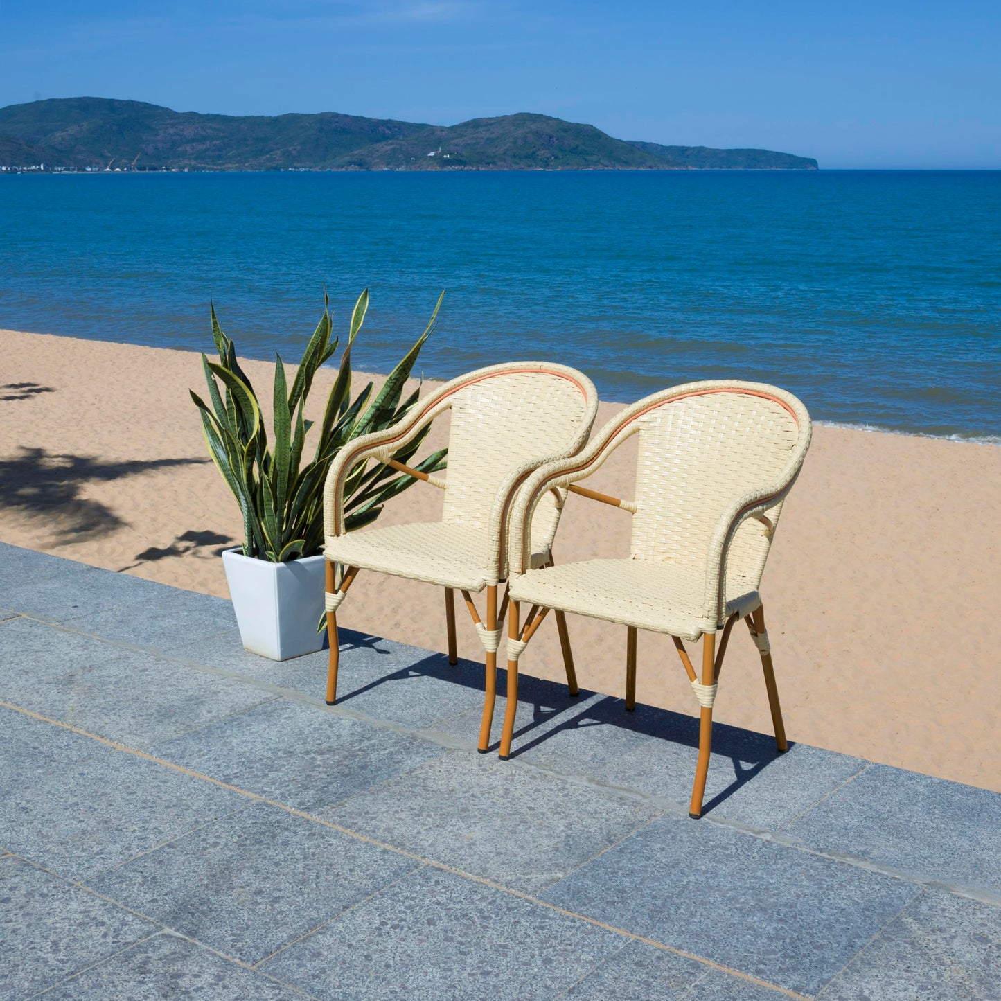 SAFAVIEH Outdoor - California Armchair Set of 2 - Natural - Faux Wicker & Aluminum Frame - Woven Bistro Design with Arms - Ideal for Patio, Sunroom, Dining Area, 17.3" Seat Height (PAT7531A-SET2)