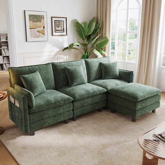 LINSY HOME 98'' Modular Sectional Sofa 3 Seat Couch Chenille Cloud Couch with Deep Seat, L Shaped Couch with 1 Movable Ottoman for Living Room, Office, Bedroom, Green(Pillows Included)