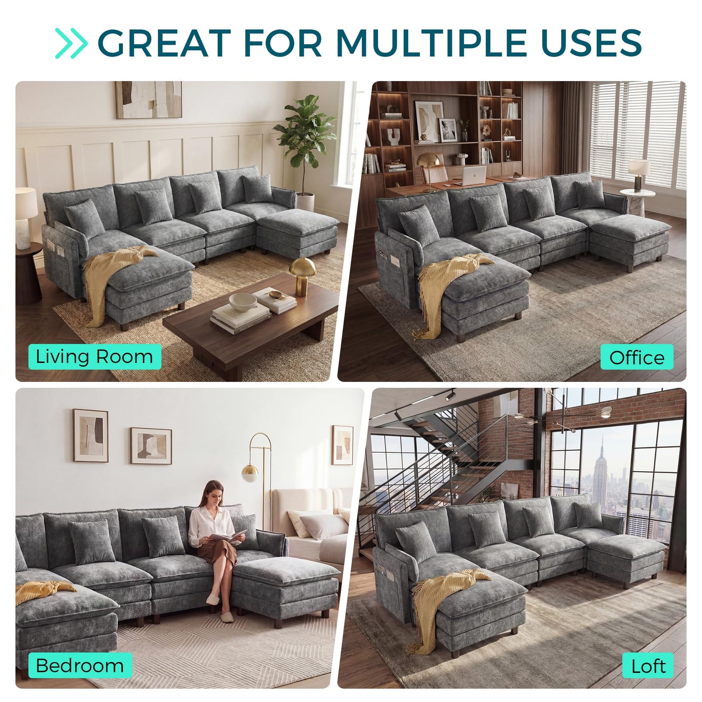 LINSY HOME 129'' Modular Sectional Sofa 4 Seat Couch Chenille Cloud Couch with Deep Seat, U Shaped Couch with 2 Movable Ottoman for Living Room, Office, Bedroom, Grey(Pillows Included)