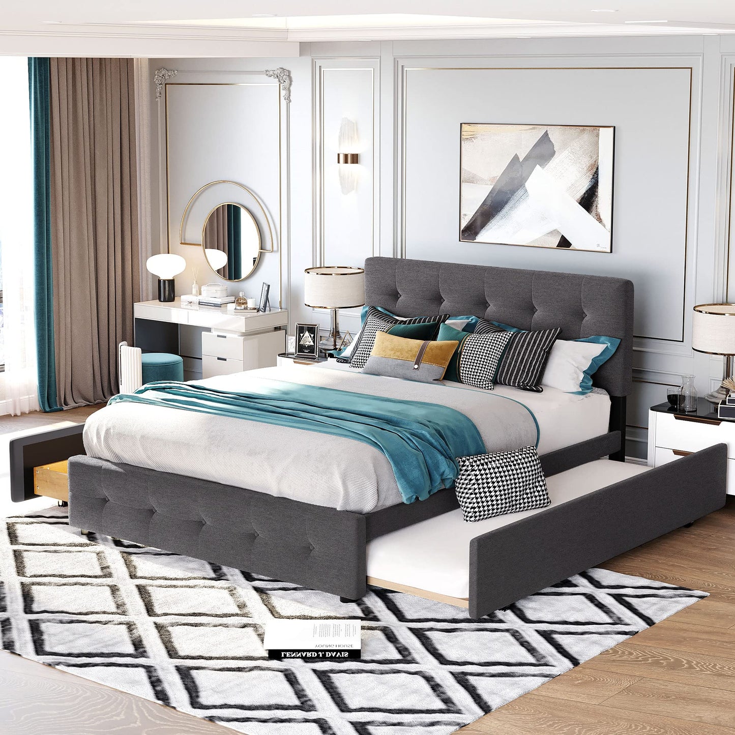 Ball & Cast Queen Bed Frame with 2 Drawers and 1 Twin XL Trundle, Linen Upholstered Platform Bed Frame Queen Size with Button Tufted Headboard & Wood Slats Support,No Box Spring Needed,Dark Gray
