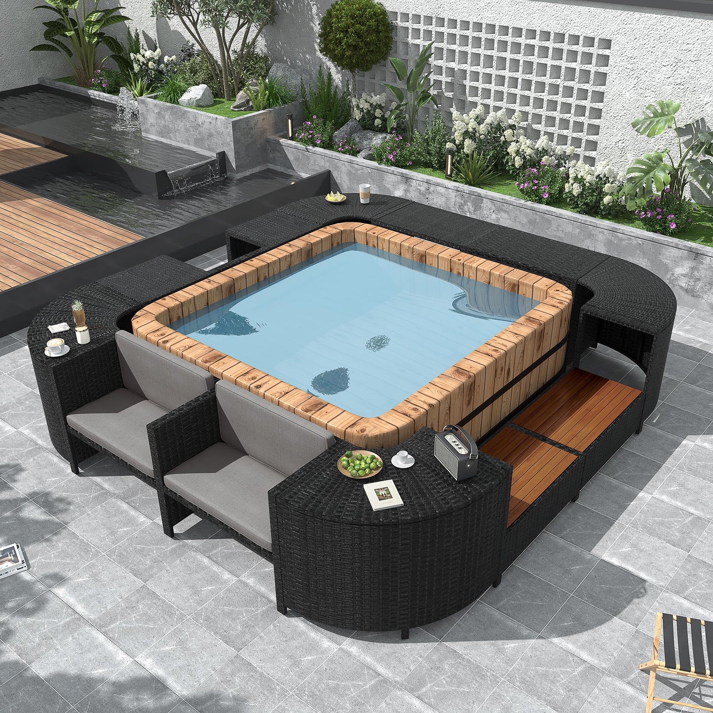 Merax Patio Furniture Set with Mini Sofa, Wooden Seats and Storage Spaces, Outdoor Conversation Sets for Patio, Lawn, Garden