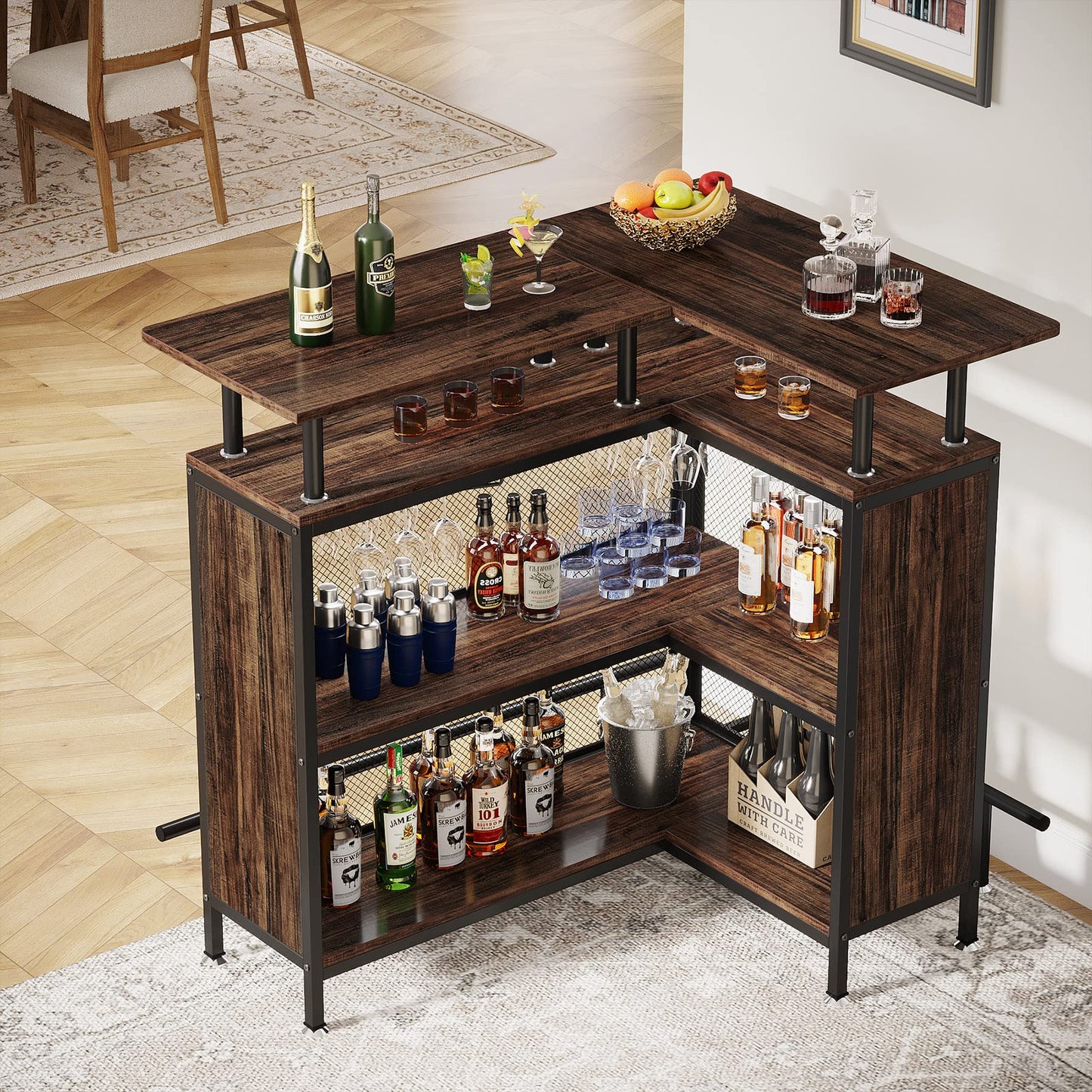 Tribesigns Home Bar Unit, L-Shaped Bar Table with Stemware Racks and 2-Tier Shelves, Corner Mini Coffee Liquor Cabinet with Footrest for Home/Kitchen/Pub, Rustic Brown