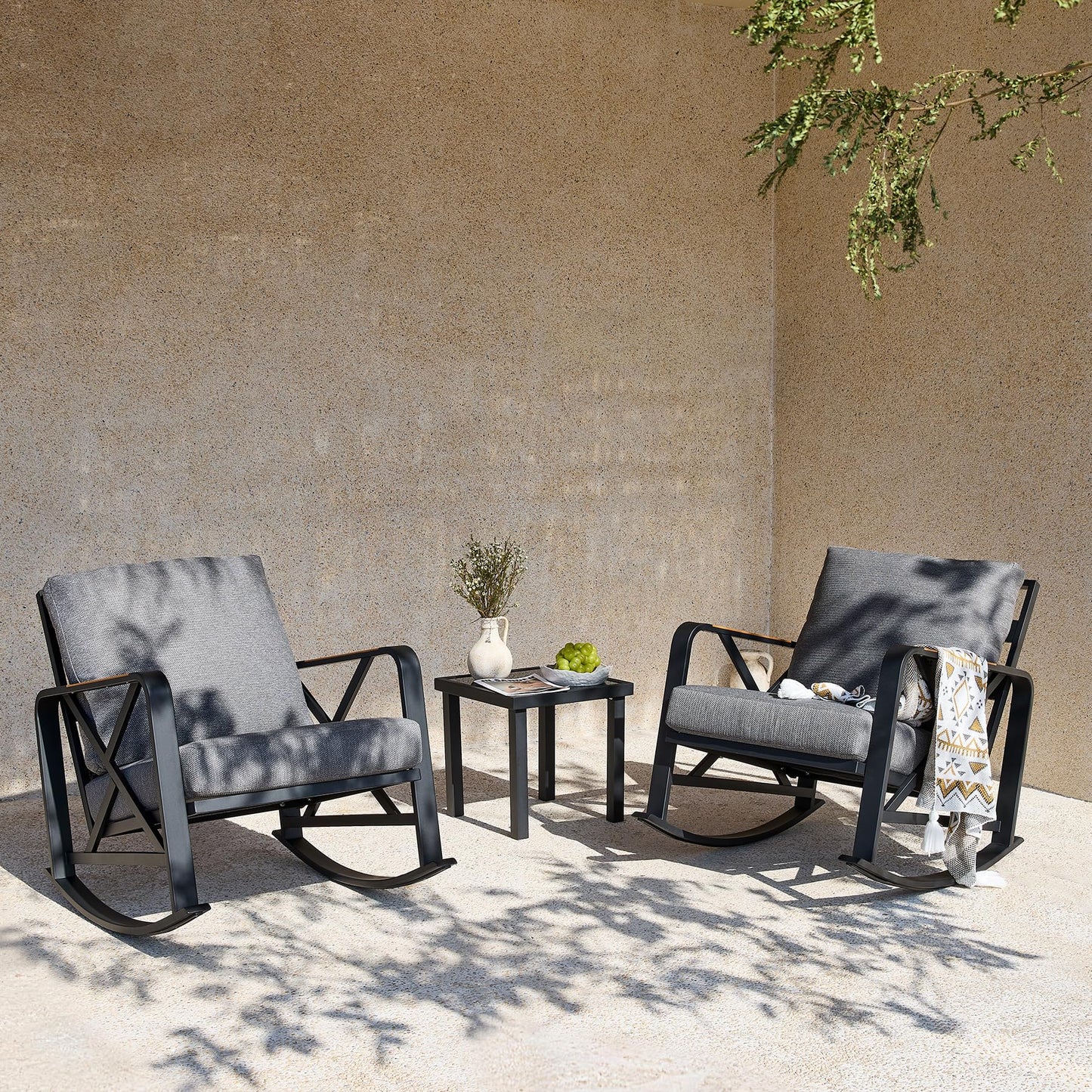 Tribesigns Outdoor Rocking Chair Set, Patio Furniture Sets, Waterproof Rocking Chair with Thick Cushion, Metal Rocker for Balcony (Grey, 3PCS Rocking Bistro Set)