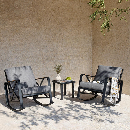 Tribesigns Outdoor Rocking Chair Set, Patio Furniture Sets, Waterproof Rocking Chair with Thick Cushion, Metal Rocker for Balcony (Grey, 3PCS Rocking Bistro Set)