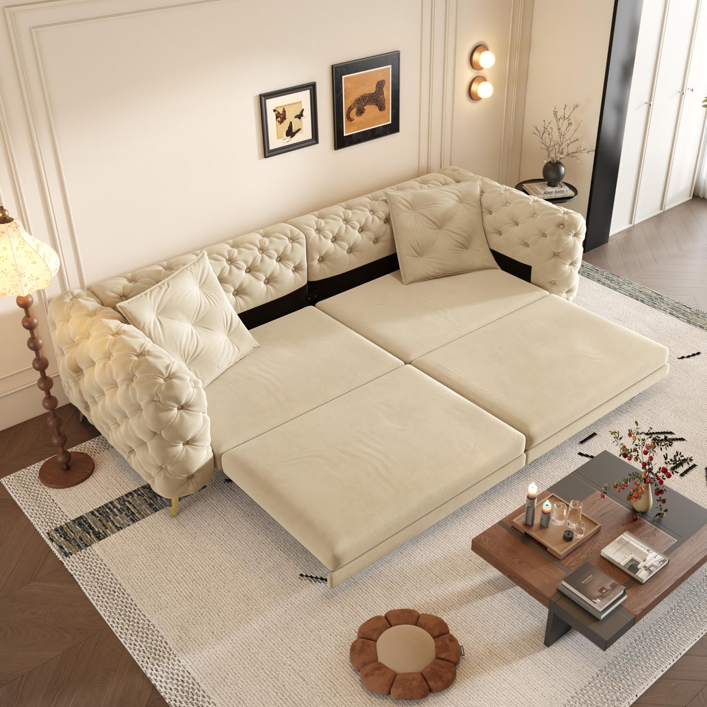 Ball & Cast 3-in-1 Convertible Sleeper Sofa with Movable Ottoman,97.7" Velvet Pull Out Sofa Bed, Modern Button Tufted 4-Seater Sofa Couch with Deep Seat for Living Room, Apartment,Office,Apricot