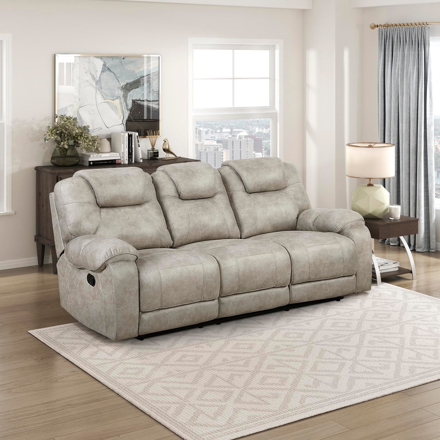 Lexicon Manual Double Reclining Sofa, Polished Microfiber Wall Hugger 3 Seater Manual Tab Pull Sofa Recliner for Living Room, Pillow Top Armrest, Padded Headrest, Easy Assembly, Pewter