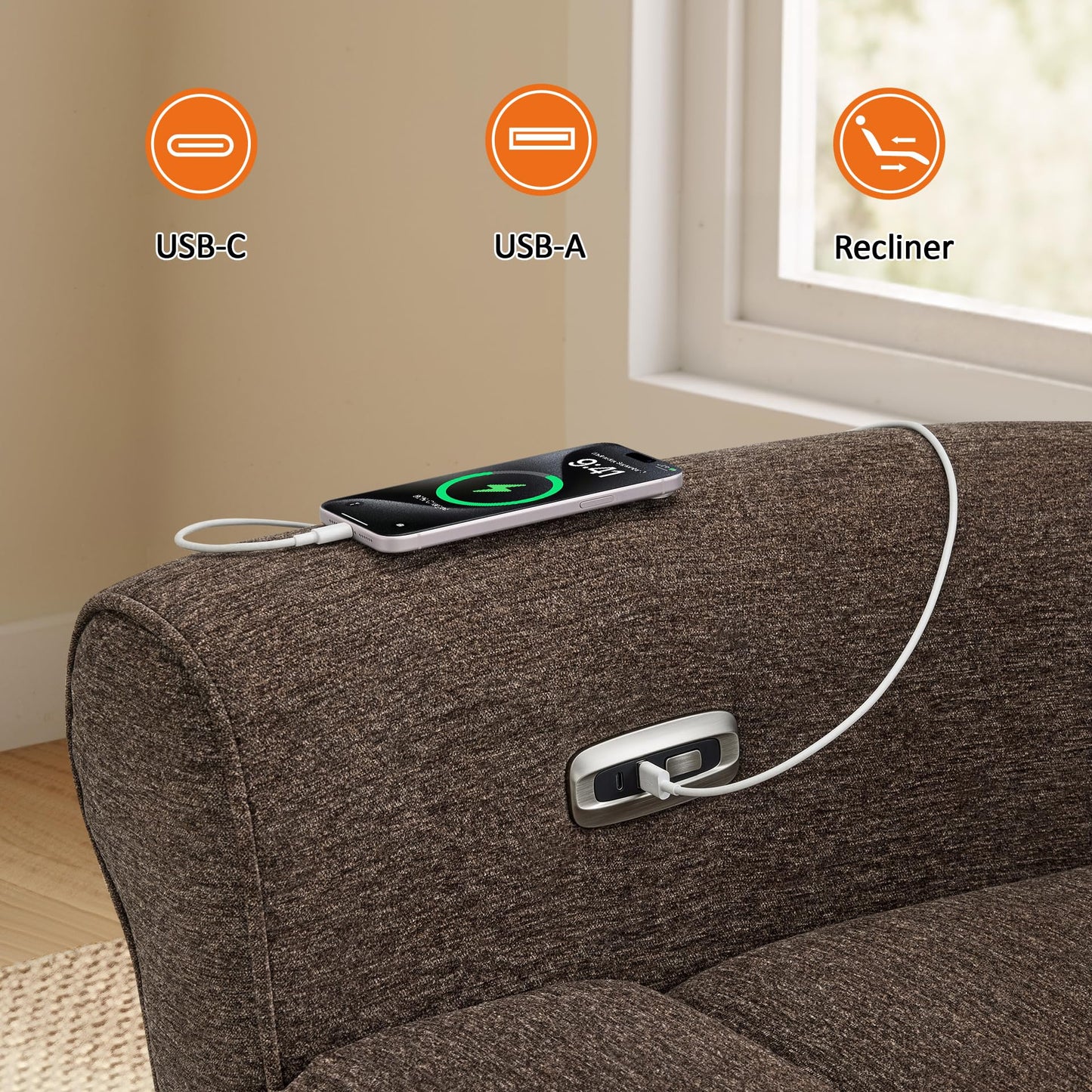 MCombo 78.3" Wall Hugger Power Loveseat Recliner Sofa with Console, Reclining Loveseat with USB Ports, Cup Holders, for Small Spaces Living Room RV, Fabric PR635M2 (Dark Brown)