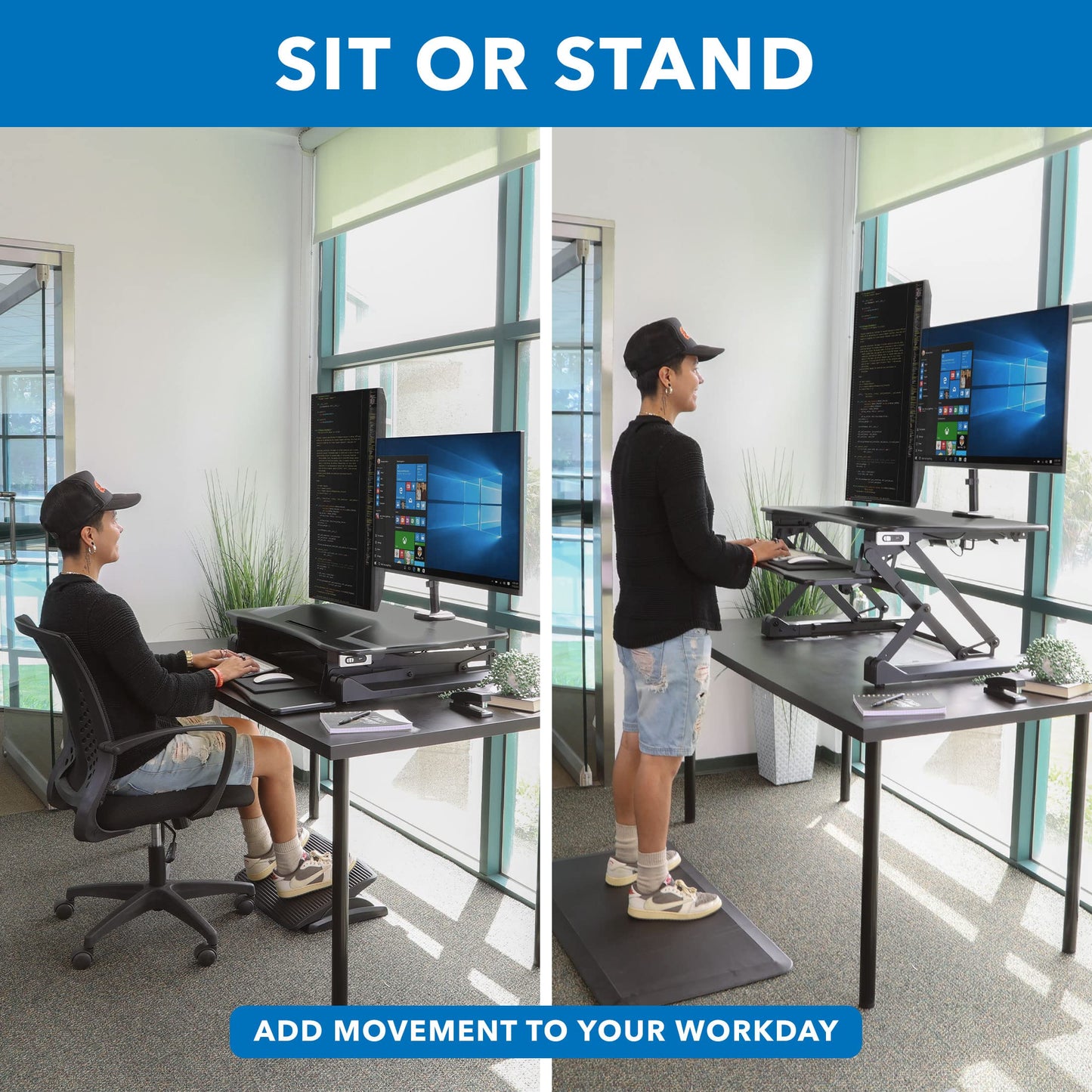 Mount-It! Electric Standing Desk Converter with Dual Monitor Arms for 2 Screens (Max 32"), Large 35.4" Wide Desktop, Motorized Stand Up Desk Riser, Keyboard Tray, USB, Black Stand up Desk Convertor